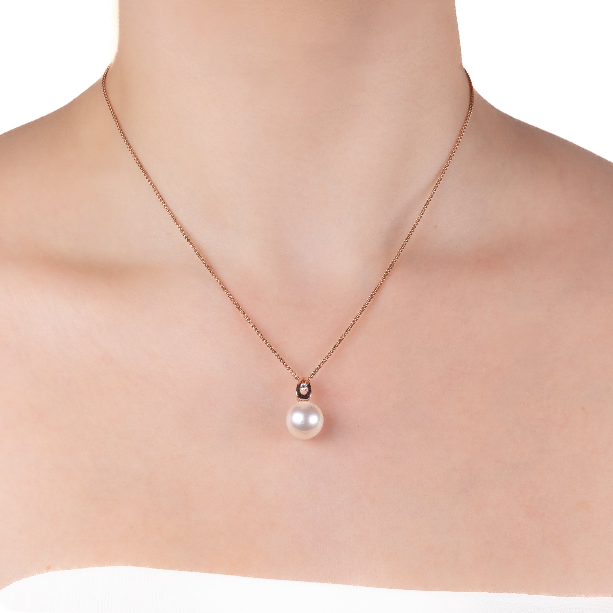 18K Rose Gold Australian South Sea 12-13mm Cultured Pearl and Diamond Pendant on a model