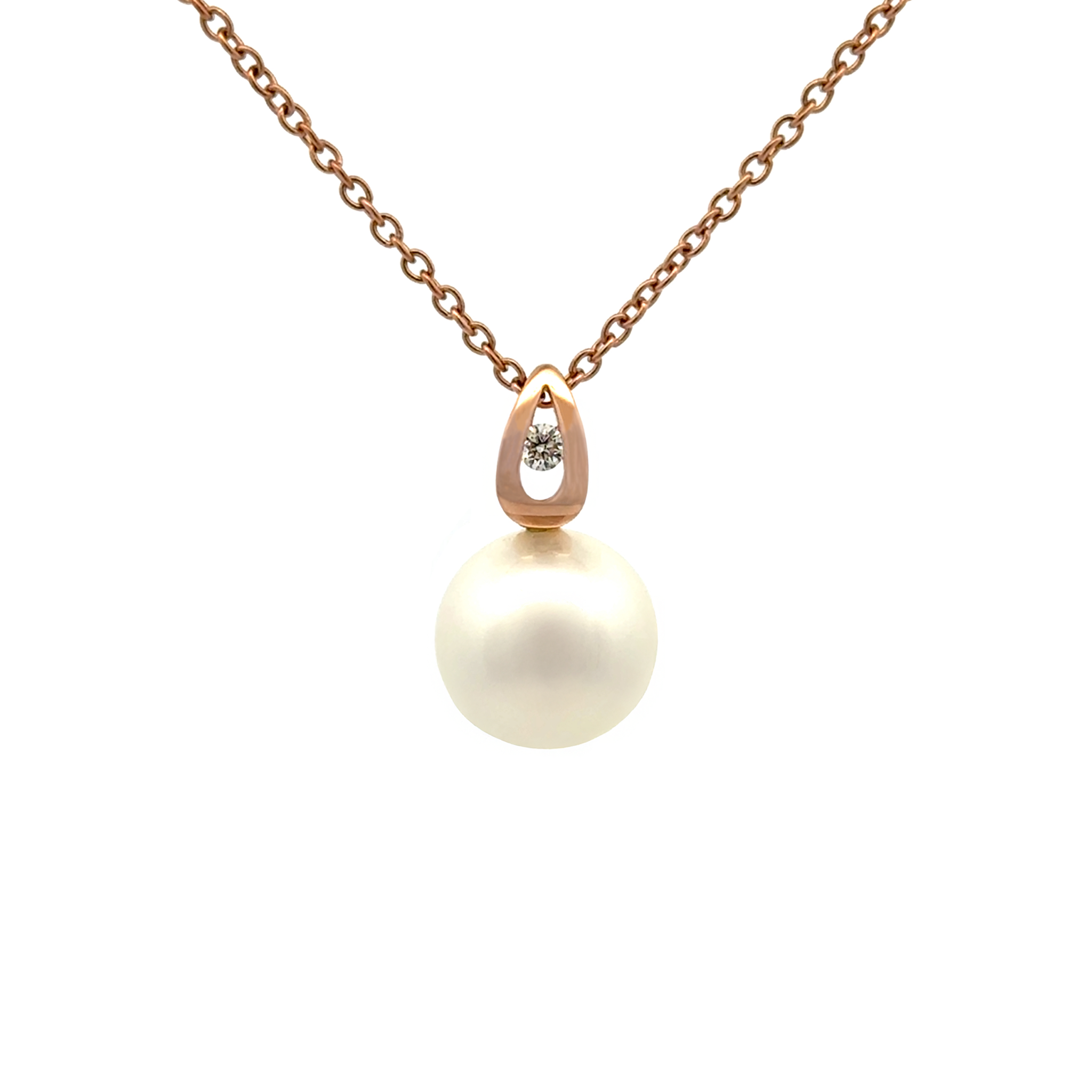 18K Rose Gold Australian South Sea 12-13mm Cultured Pearl and Diamond Pendant front view