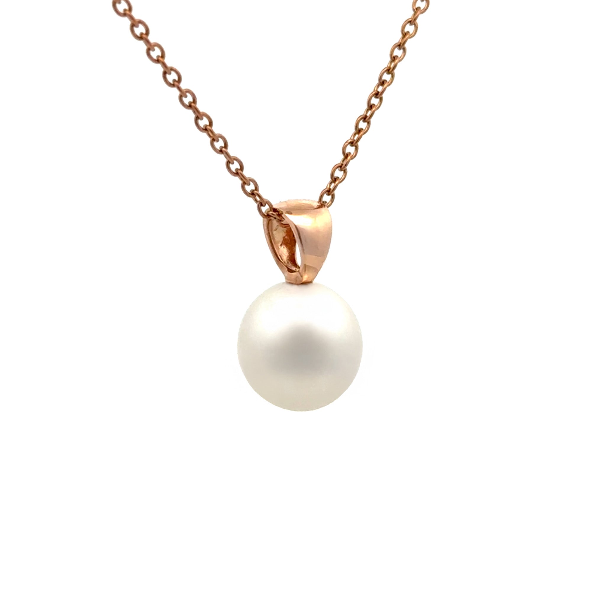 18K Rose Gold Australian South Sea 11-12 mm Cultured Pearl Pendant side view on a white background