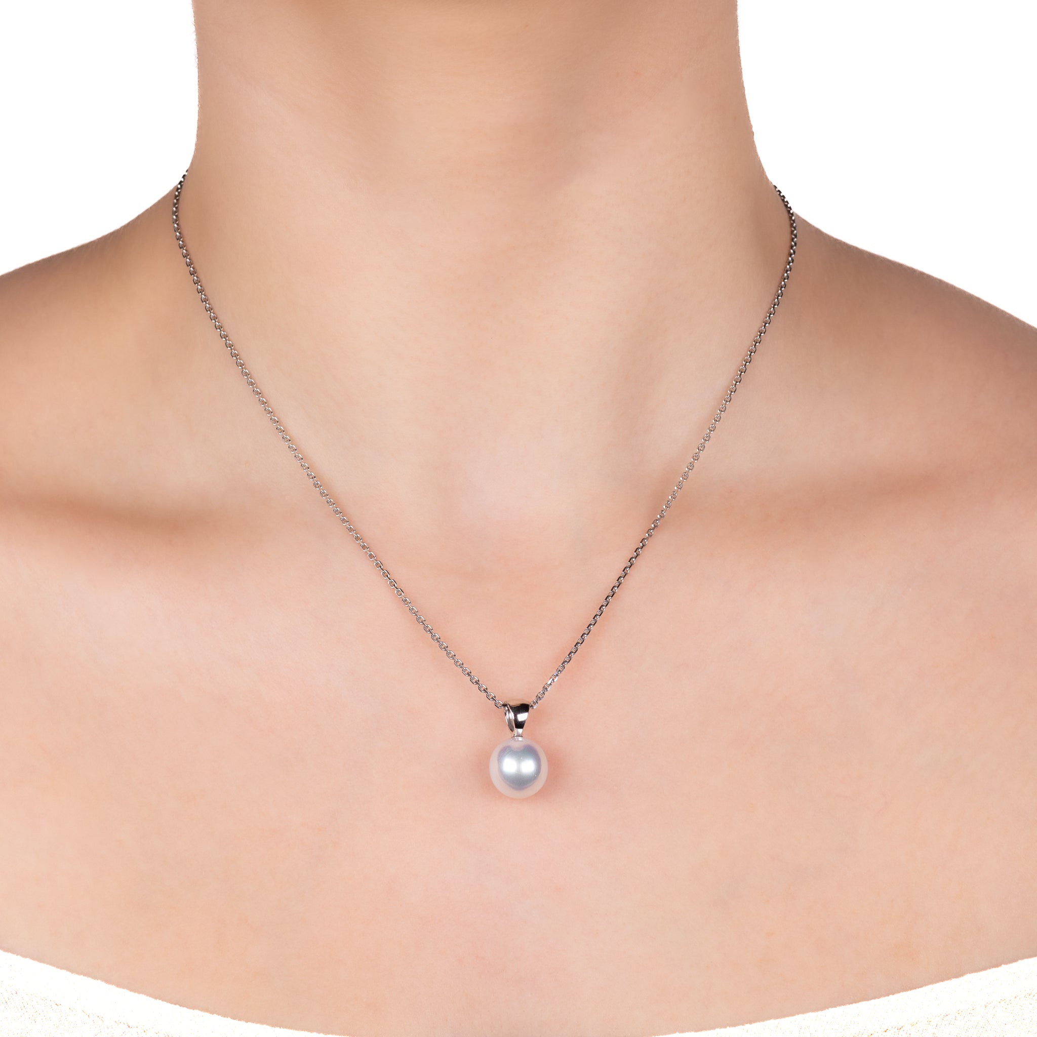 18K White Gold Australian South Sea 11-12 mm Cultured Pearl Pendant on a model with a white background