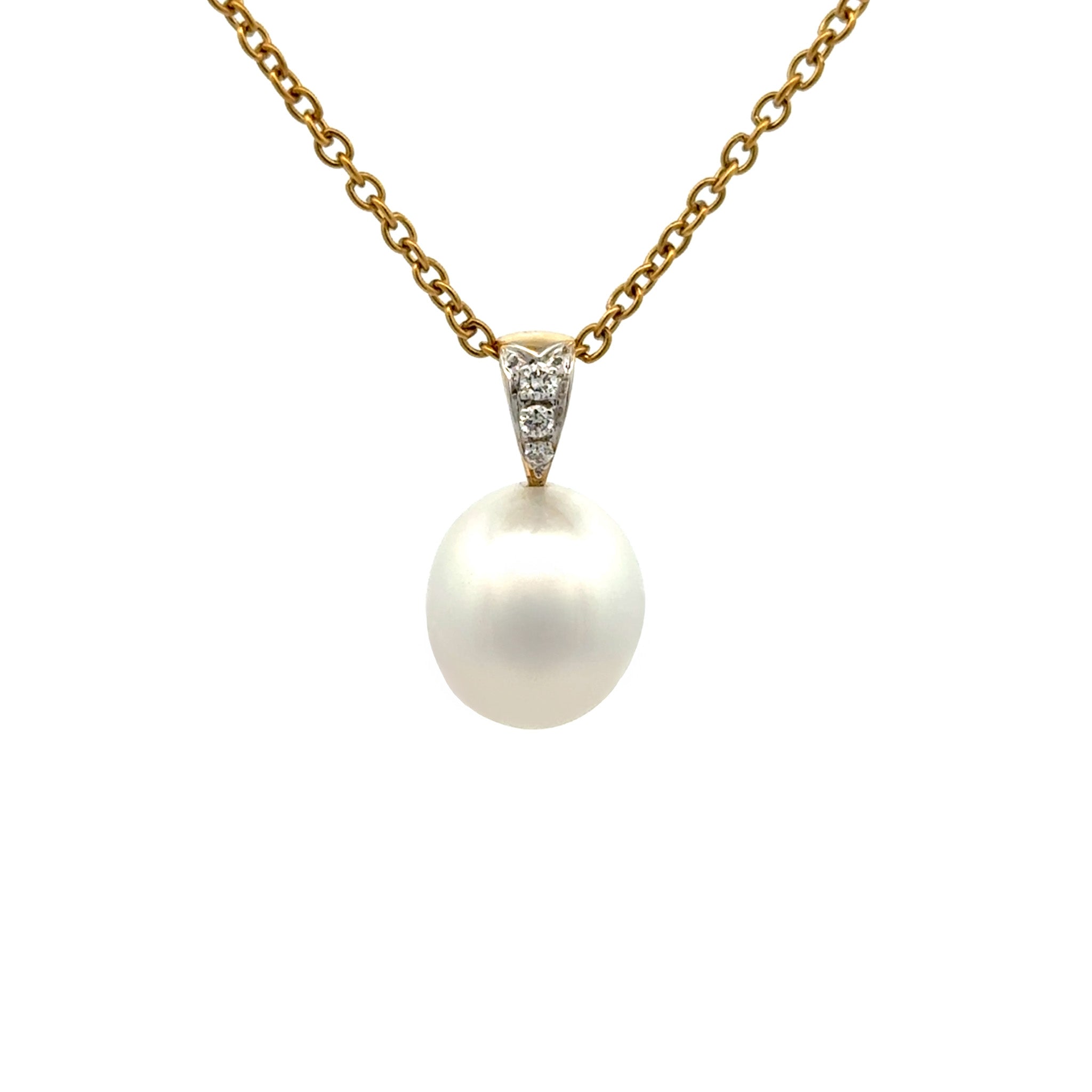 18K Yellow Gold Australian South Sea 10-11mm Cultured Pearl and Diamond Pendant front view