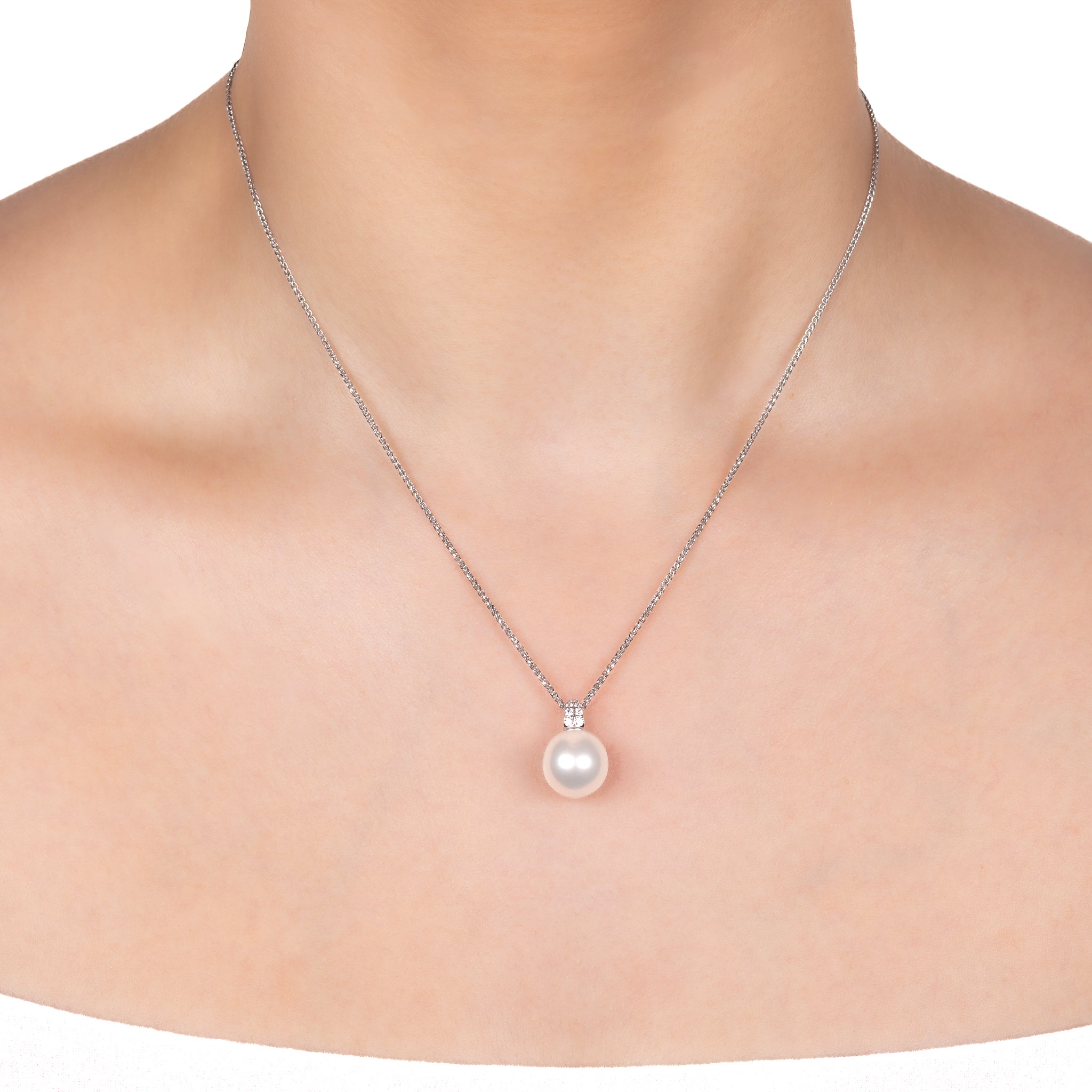 18K White Gold Australian South Sea 11-12 mm Cultured Pearl and Diamond Pendant on a model