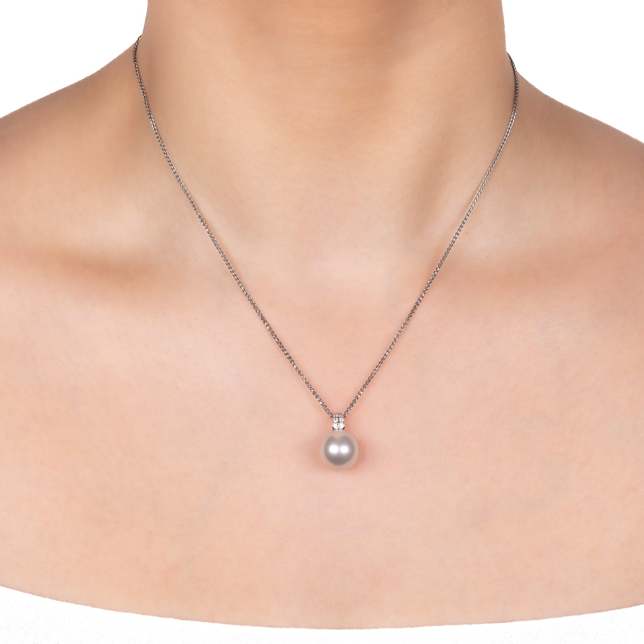 18K White Gold Australian South Sea 11-12 mm Cultured Pearl and Diamond Pendant worn on a model