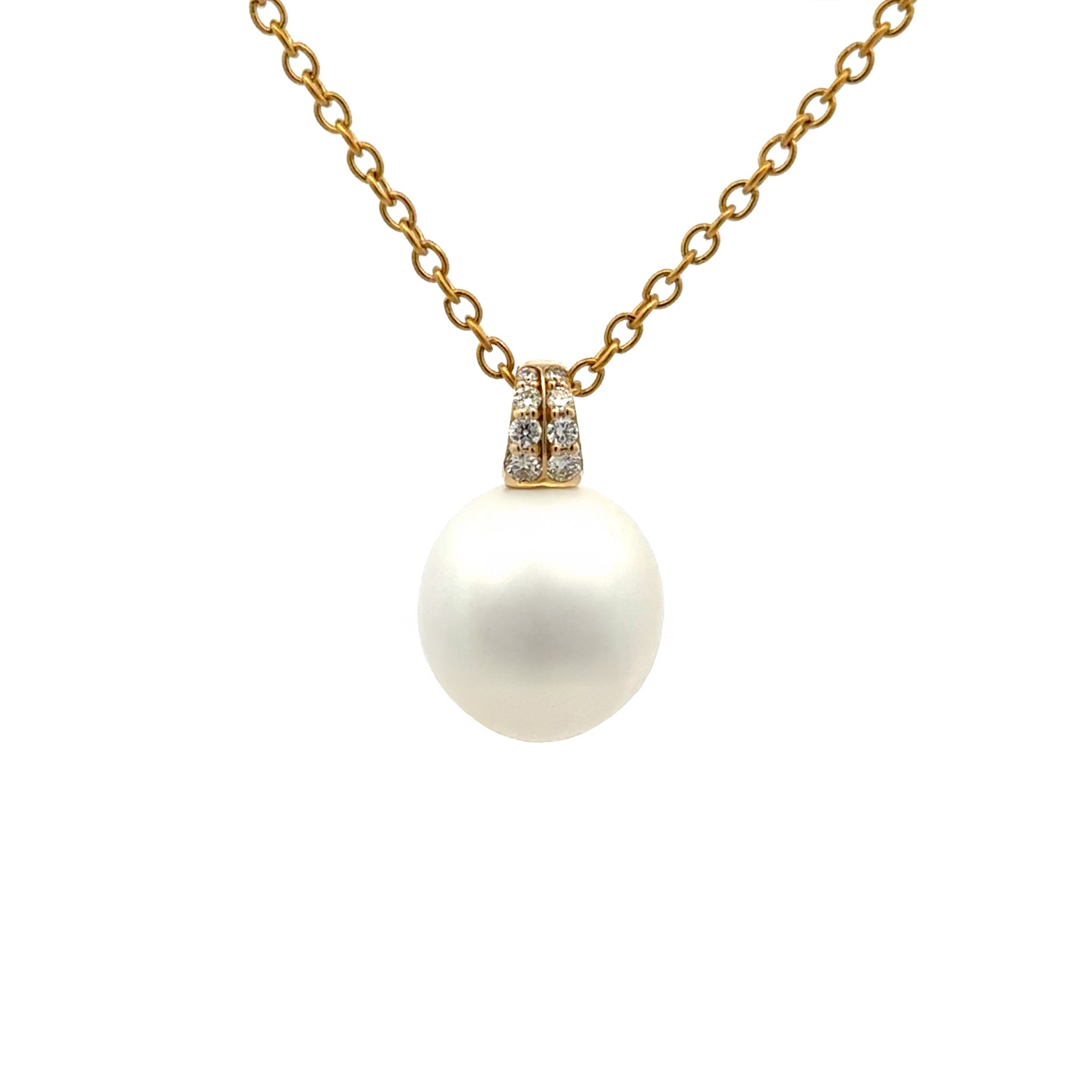 18K Yellow Gold Australian South Sea 11-12 mm Cultured Pearl and Diamond Pendant front view