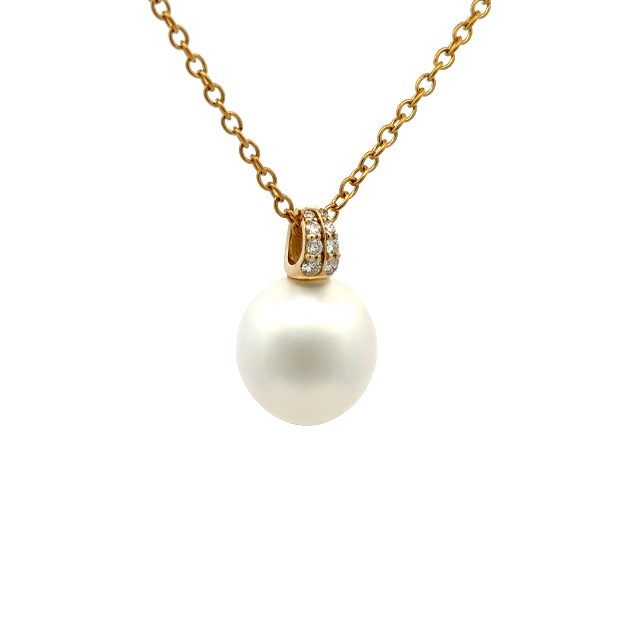 18K Yellow Gold Australian South Sea 11-12 mm Cultured Pearl and Diamond Pendant side view