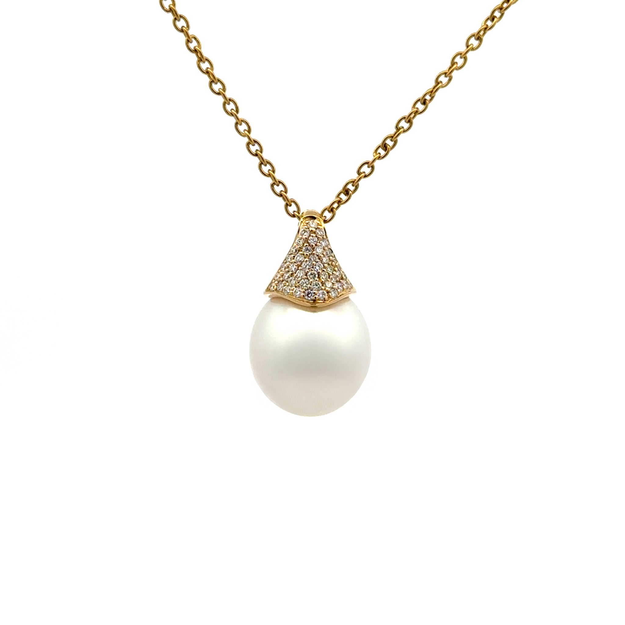 18K Yellow Gold Australian South Sea 12-13 mm Cultured Pearl and Diamond Pendant front view