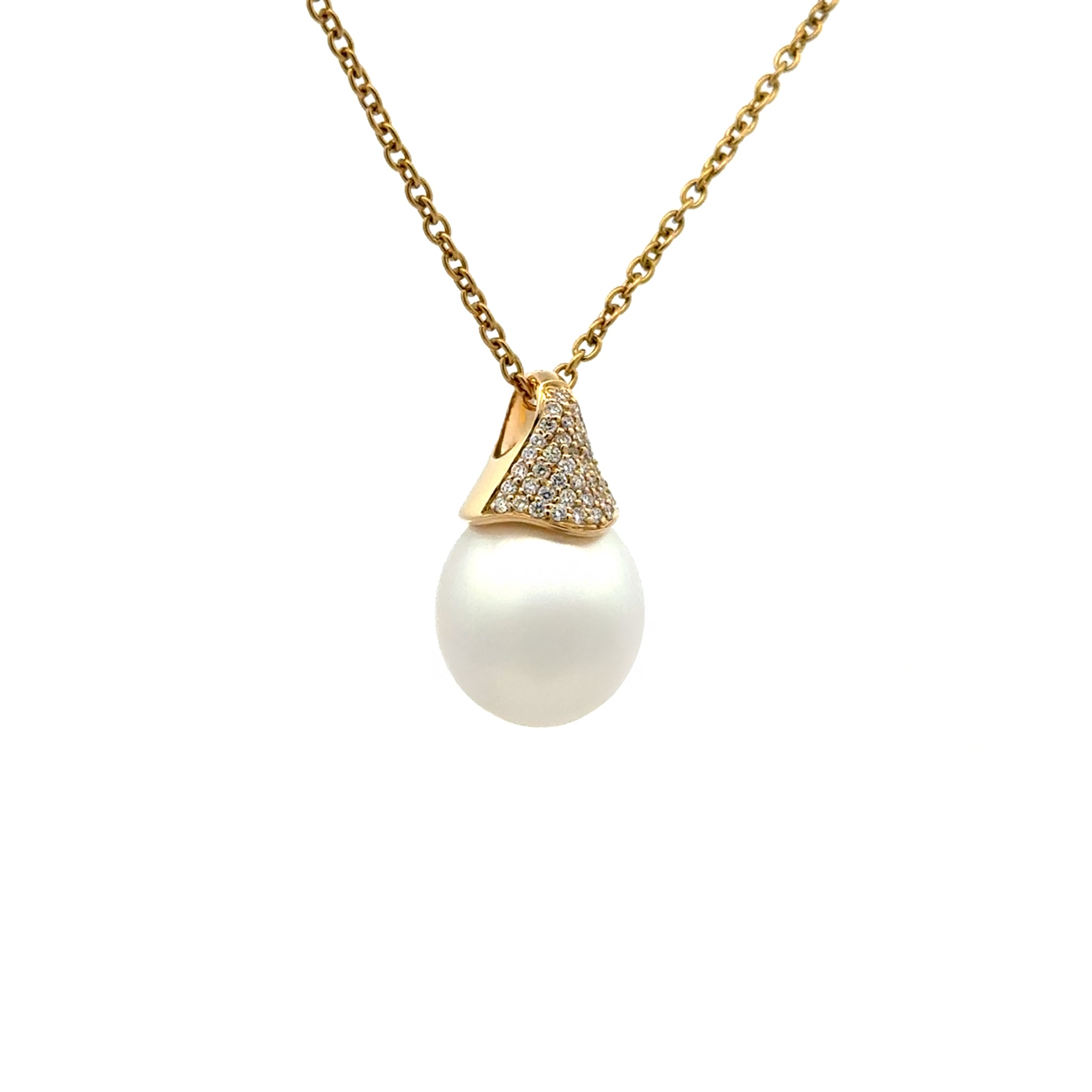 18K Yellow Gold Australian South Sea 12-13 mm Cultured Pearl and Diamond Pendant side view