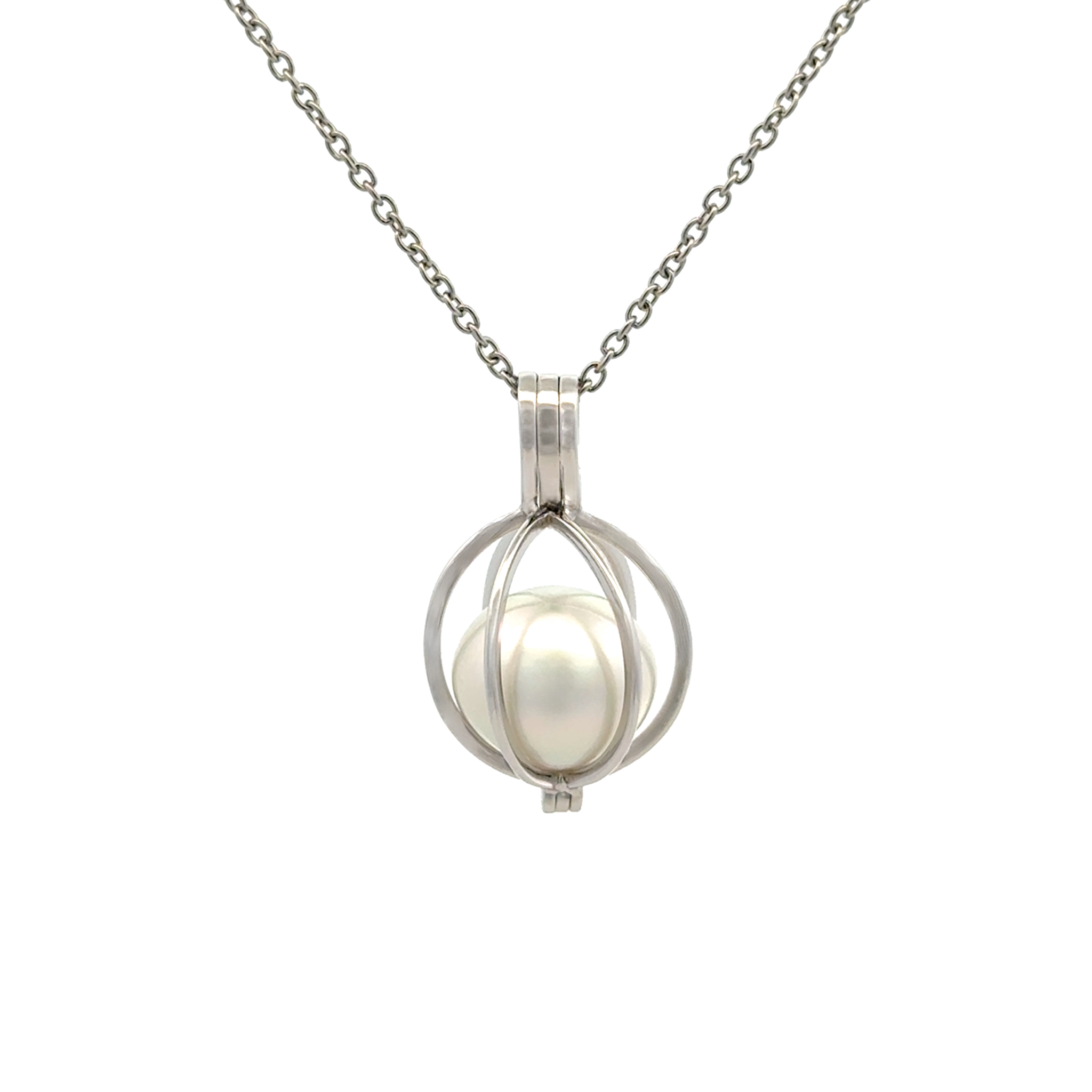 Sterling Silver Australian South Sea Cultured 13-14 mm Pearl Large Cage Pendant front view on a white background