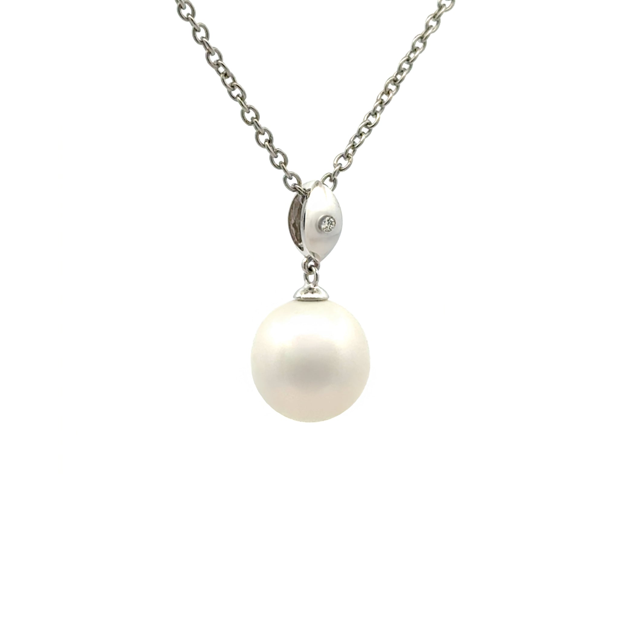 18K White Gold Australian South Sea 10-11 mm Cultured Pearl and Diamond Pendant side view