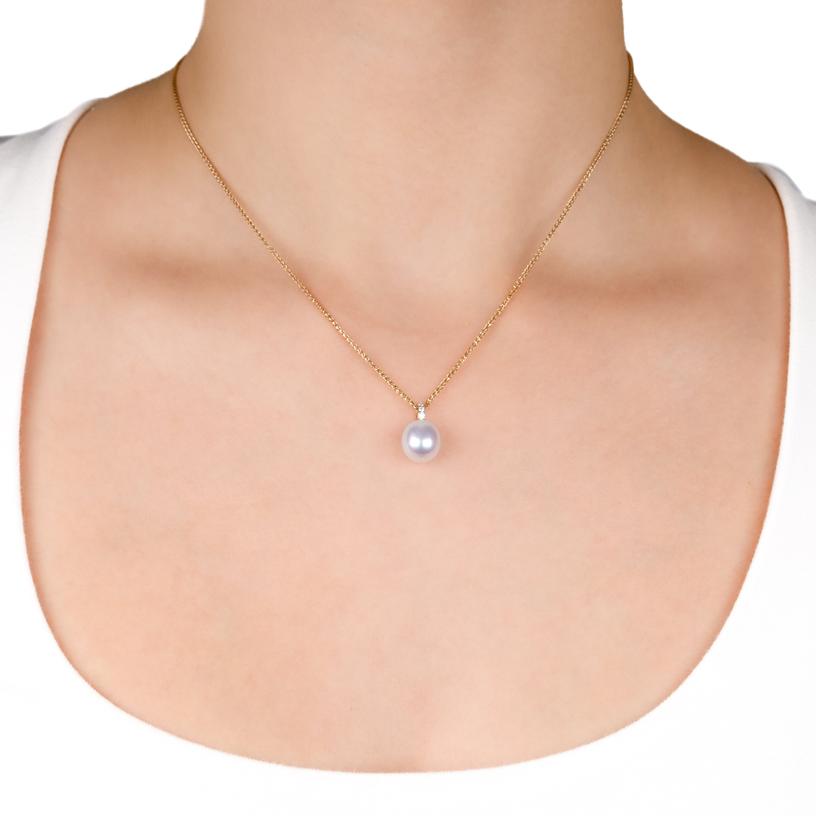 9K Yellow Gold Australian South Sea 9-10 mm Cultured Pearl and Diamond Pendant on a model