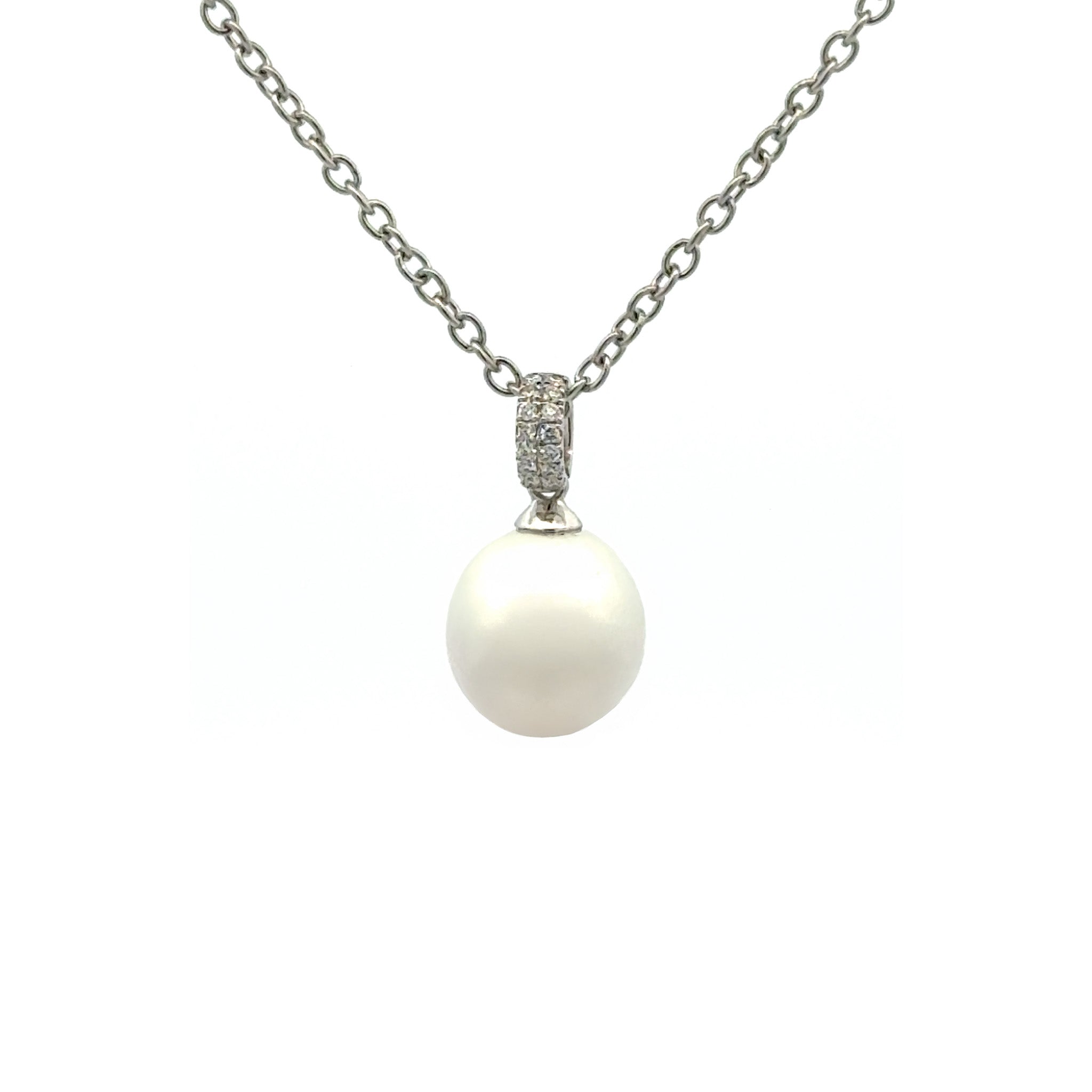 18K White Gold Australian South Sea 9-10 mm Cultured Pearl and Diamond Pendant front view