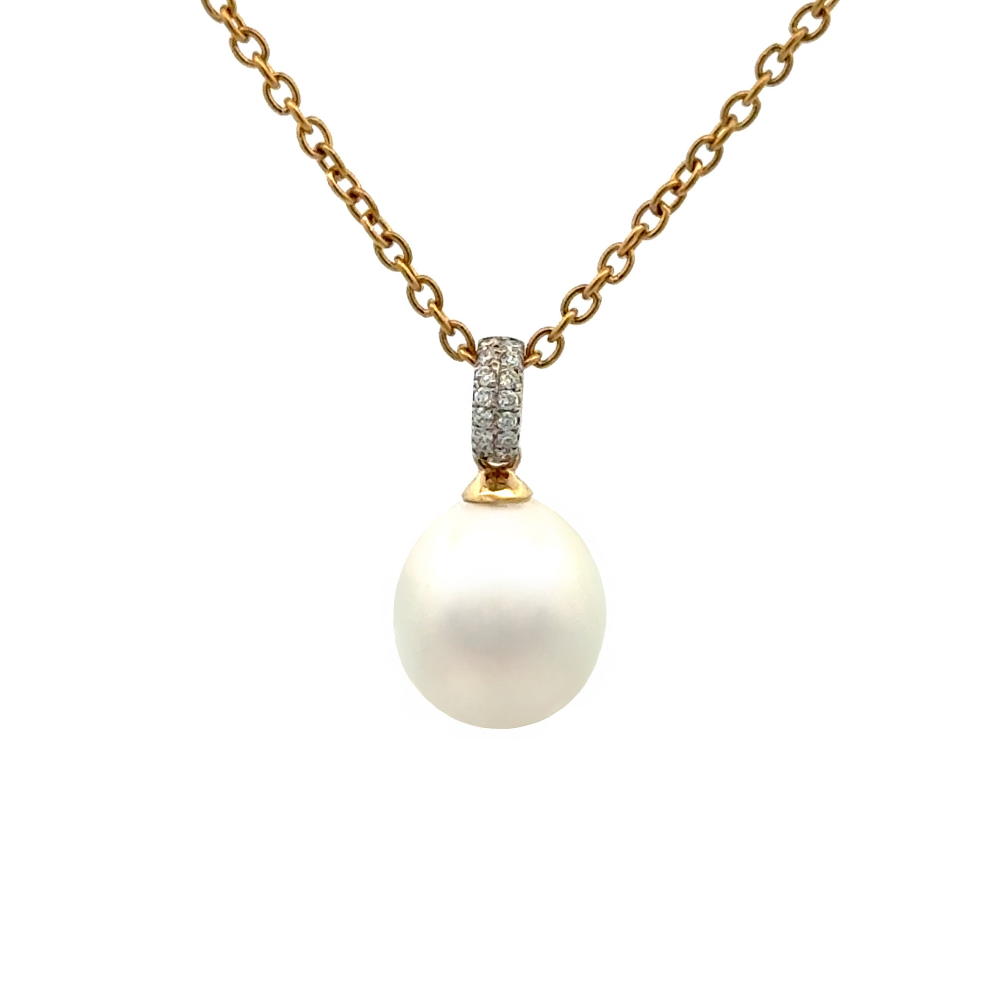 18K Yellow Gold Australian South Sea 9-10 mm Cultured Pearl and Diamond Pendant front view