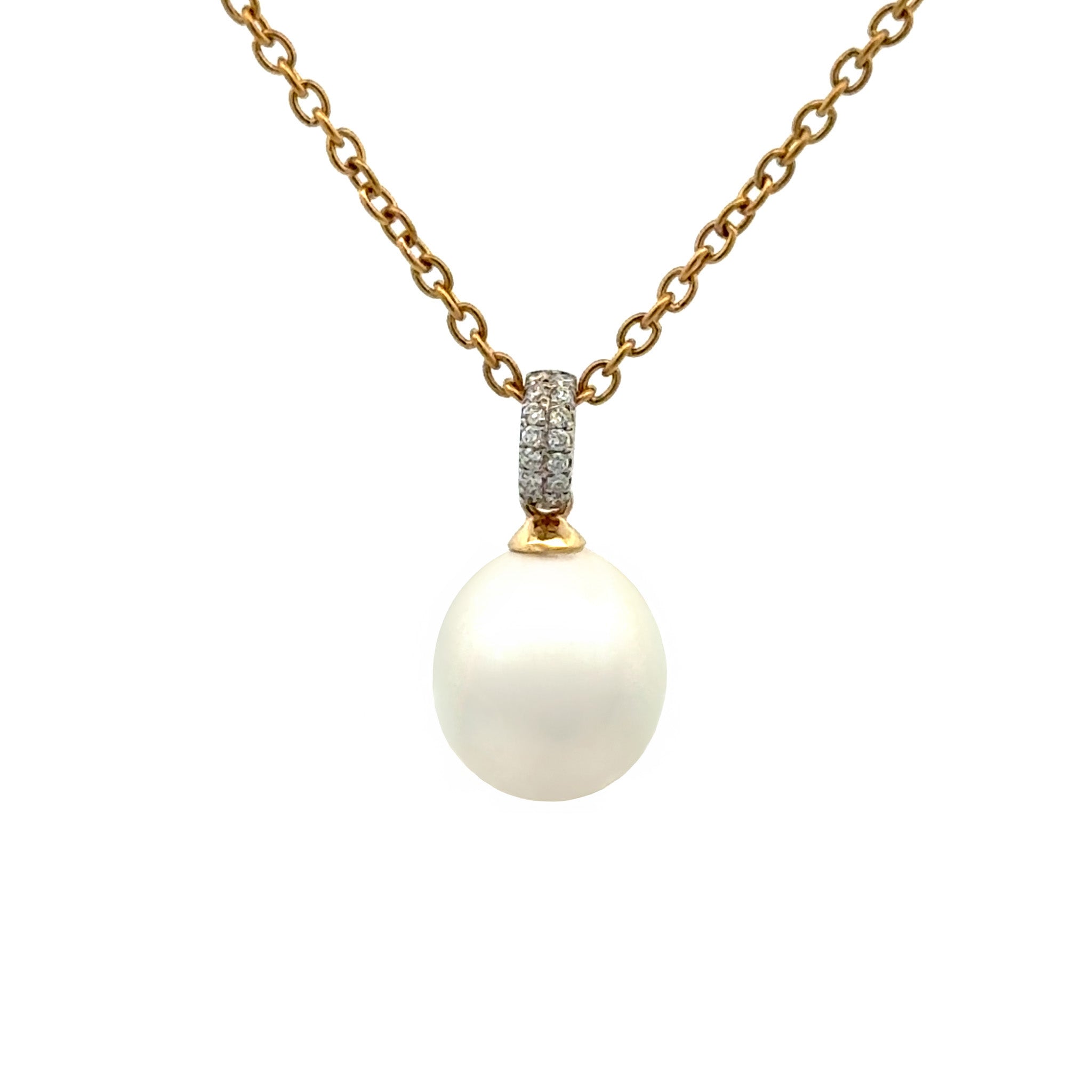 18K Yellow Gold Australian South Sea 9-10 mm Cultured Pearl and Diamond Pendant front view