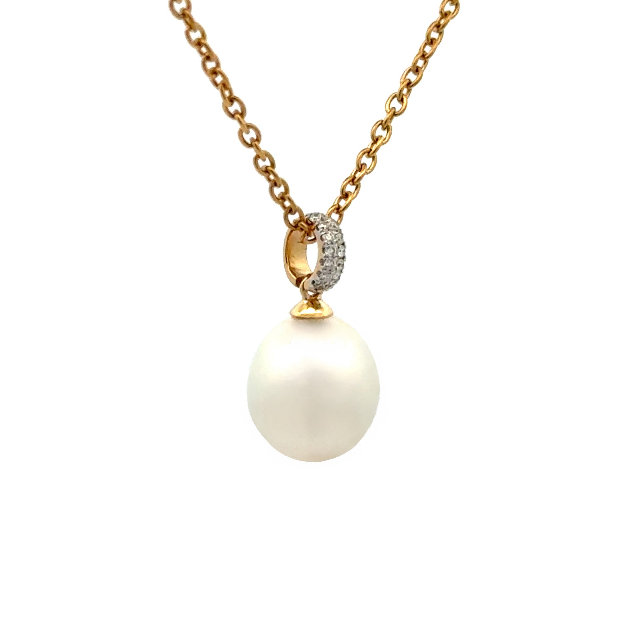 18K Yellow Gold Australian South Sea 9-10 mm Cultured Pearl and Diamond Pendant side view