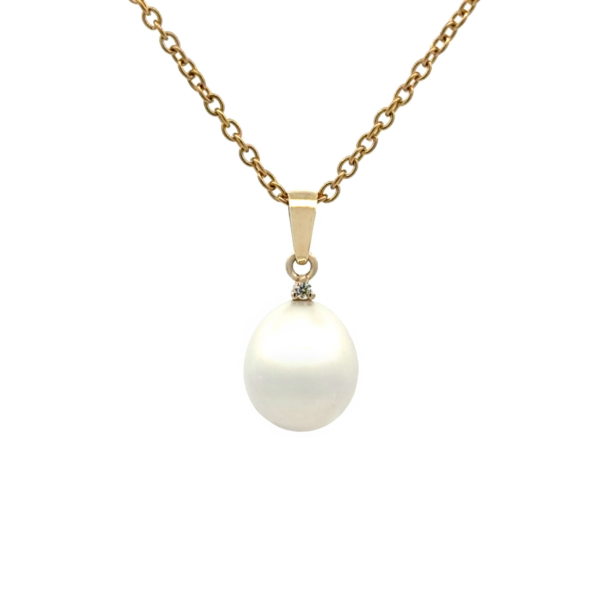 9K Yellow Gold Australian South Sea 9-10 mm Cultured Pearl and Diamond Pendant front view