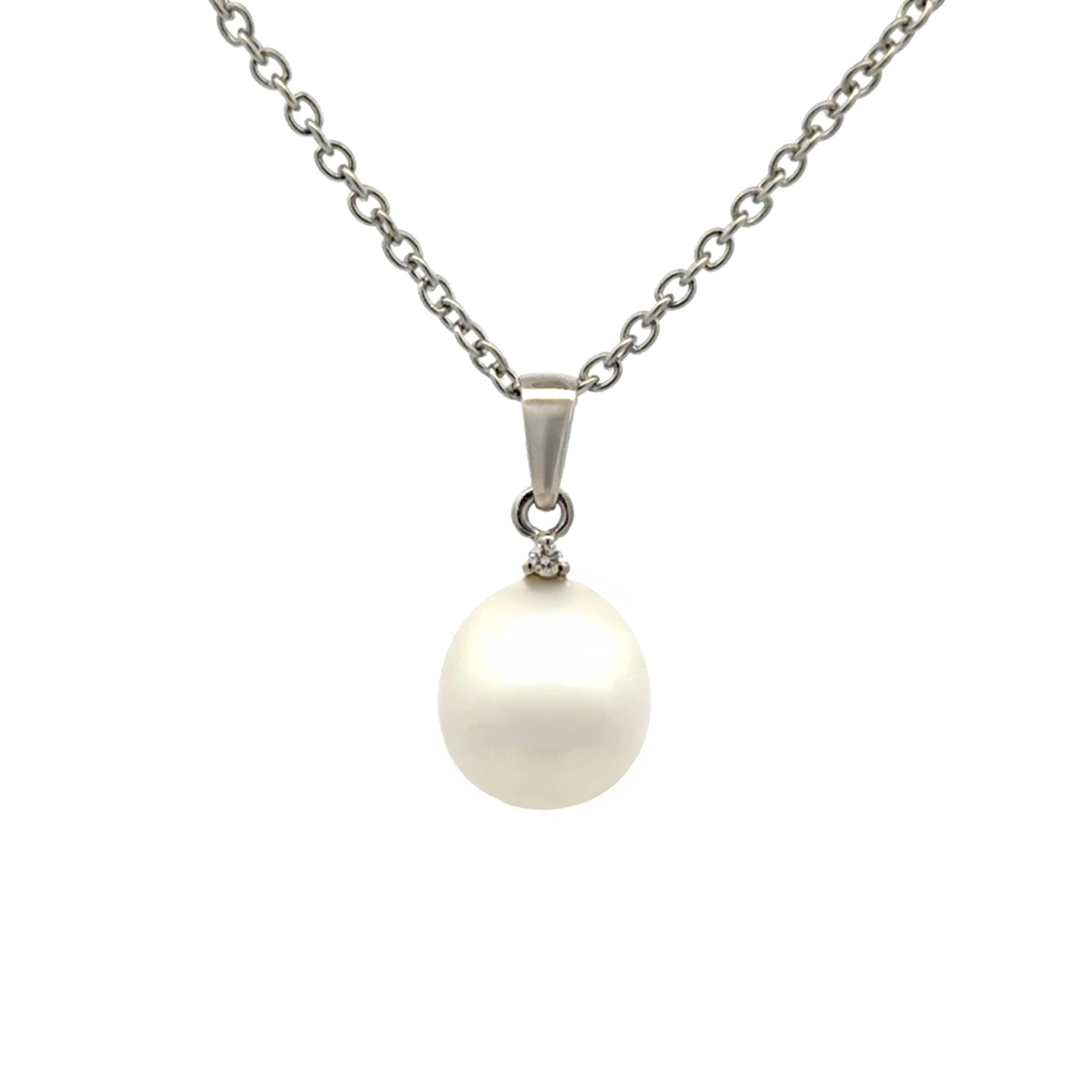 9K White Gold Australian South Sea 9-10 mm Cultured Pearl and Diamond Pendant front view