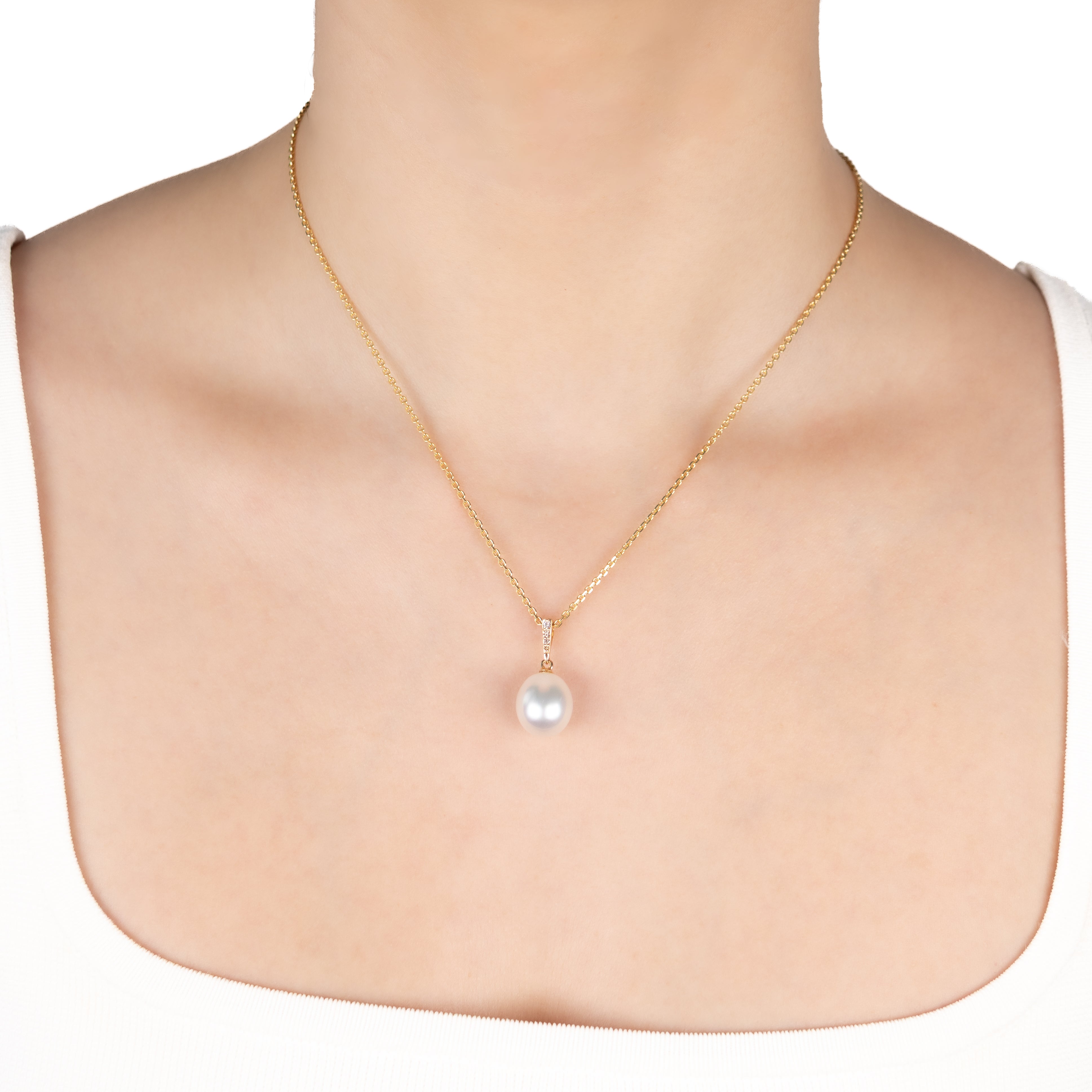 9K Yellow Gold Australian South Sea 11-12 mm Cultured Pearl and Diamond Pendant on a model