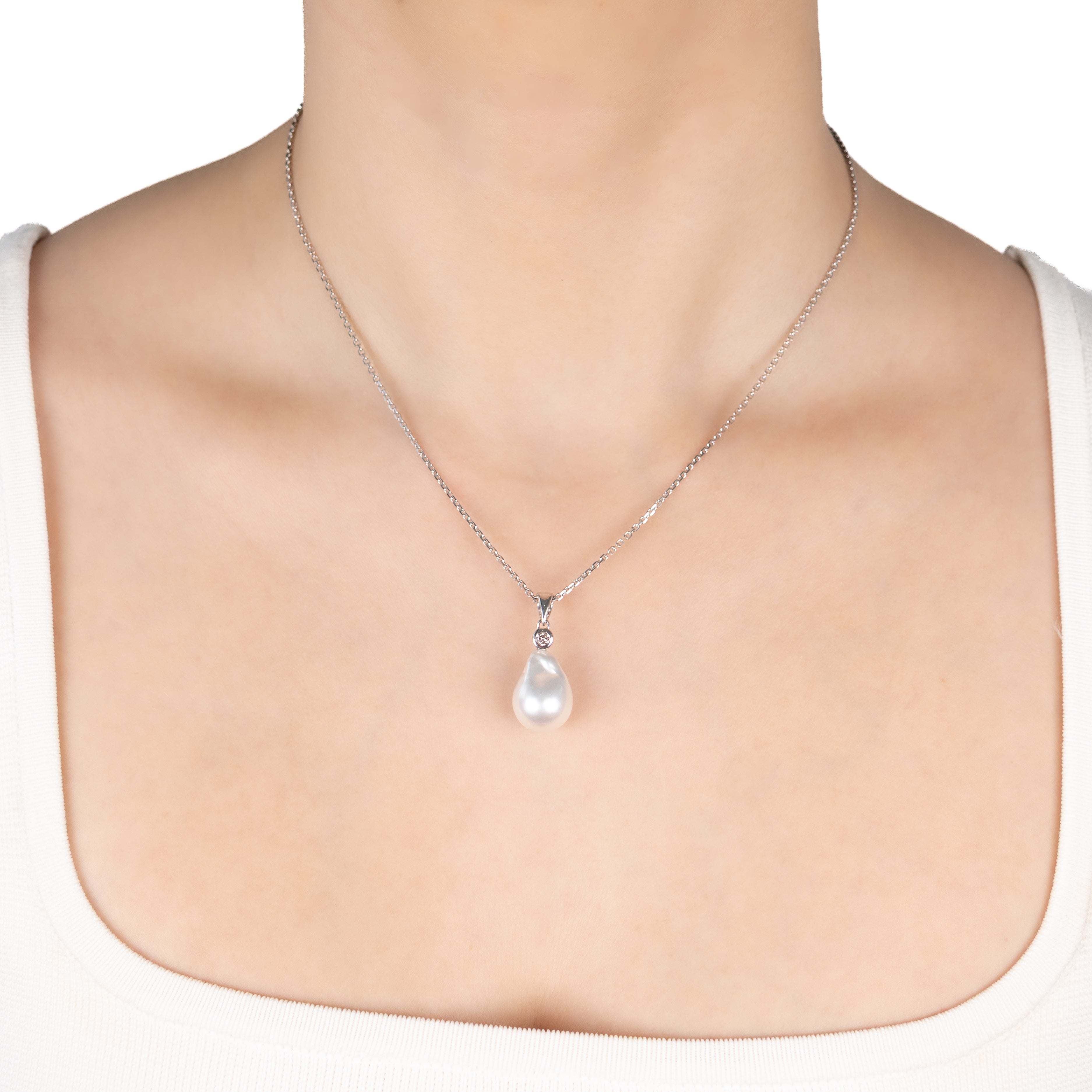 9K White Gold Australian South Sea 12-13 mm Cultured Pearl and Diamond Pendant on a model