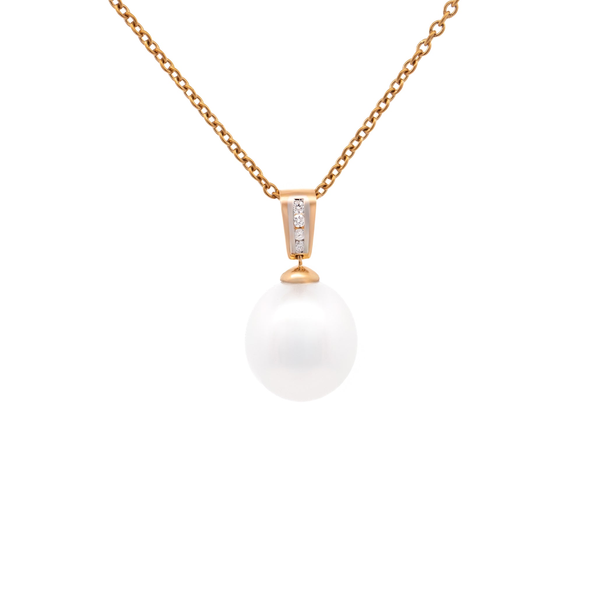 18K Yellow Gold Australian South Sea 11-12 mm Cultured Pearl and Diamond Pendant front view