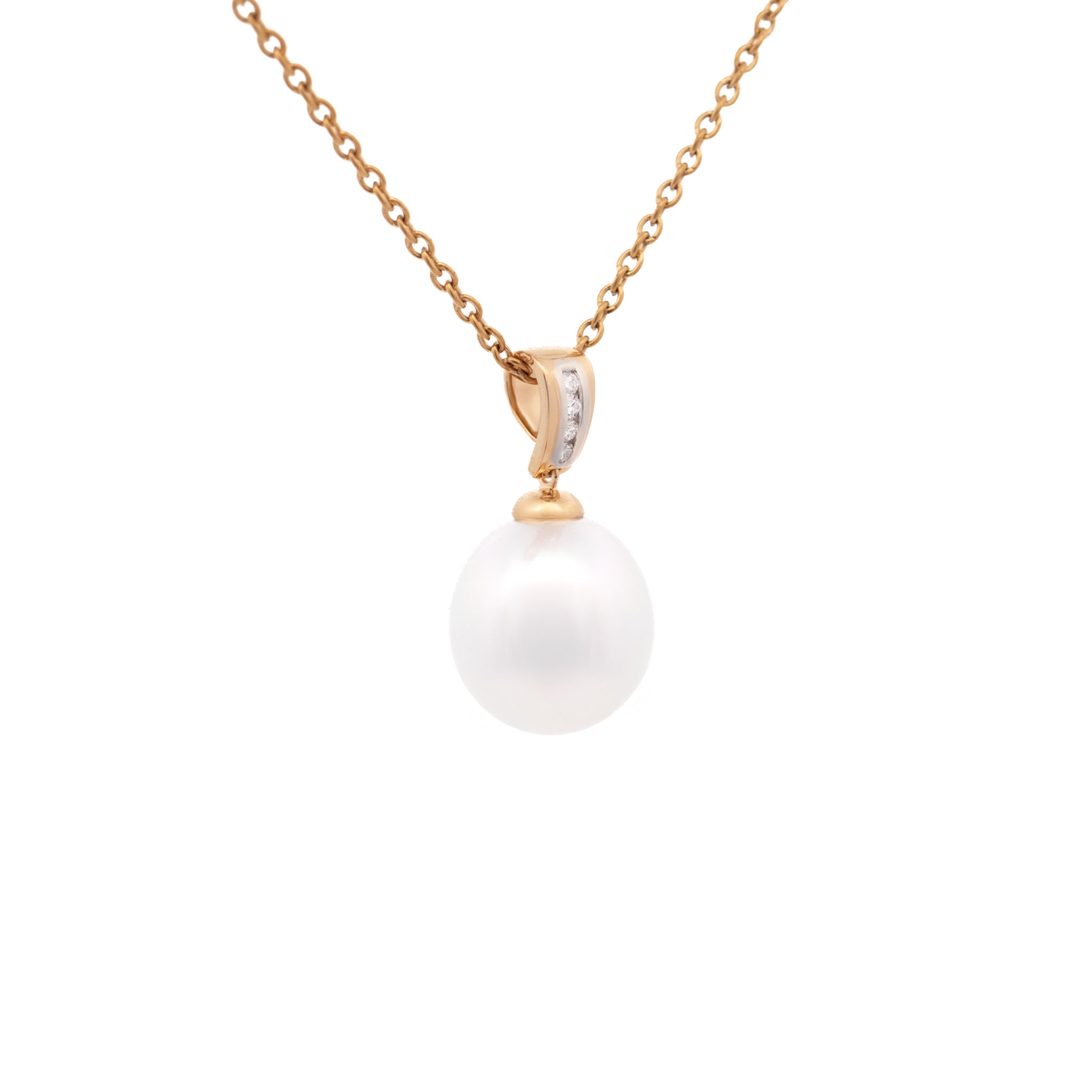 18K Yellow Gold Australian South Sea 11-12 mm Cultured Pearl and Diamond Pendant side view