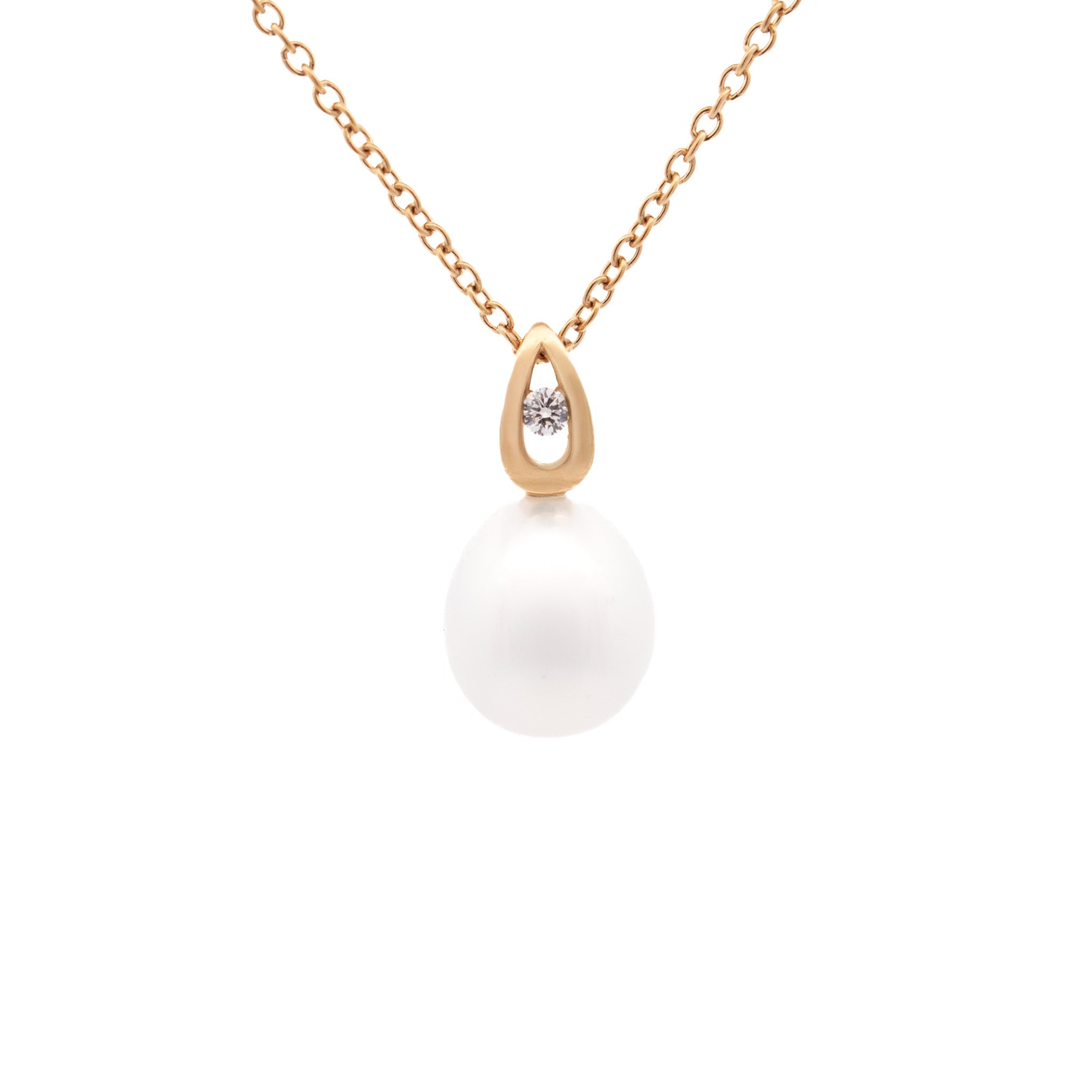 18K Yellow Gold Australian South Sea 11-12 mm Cultured Pearl and Diamond Pendant front view