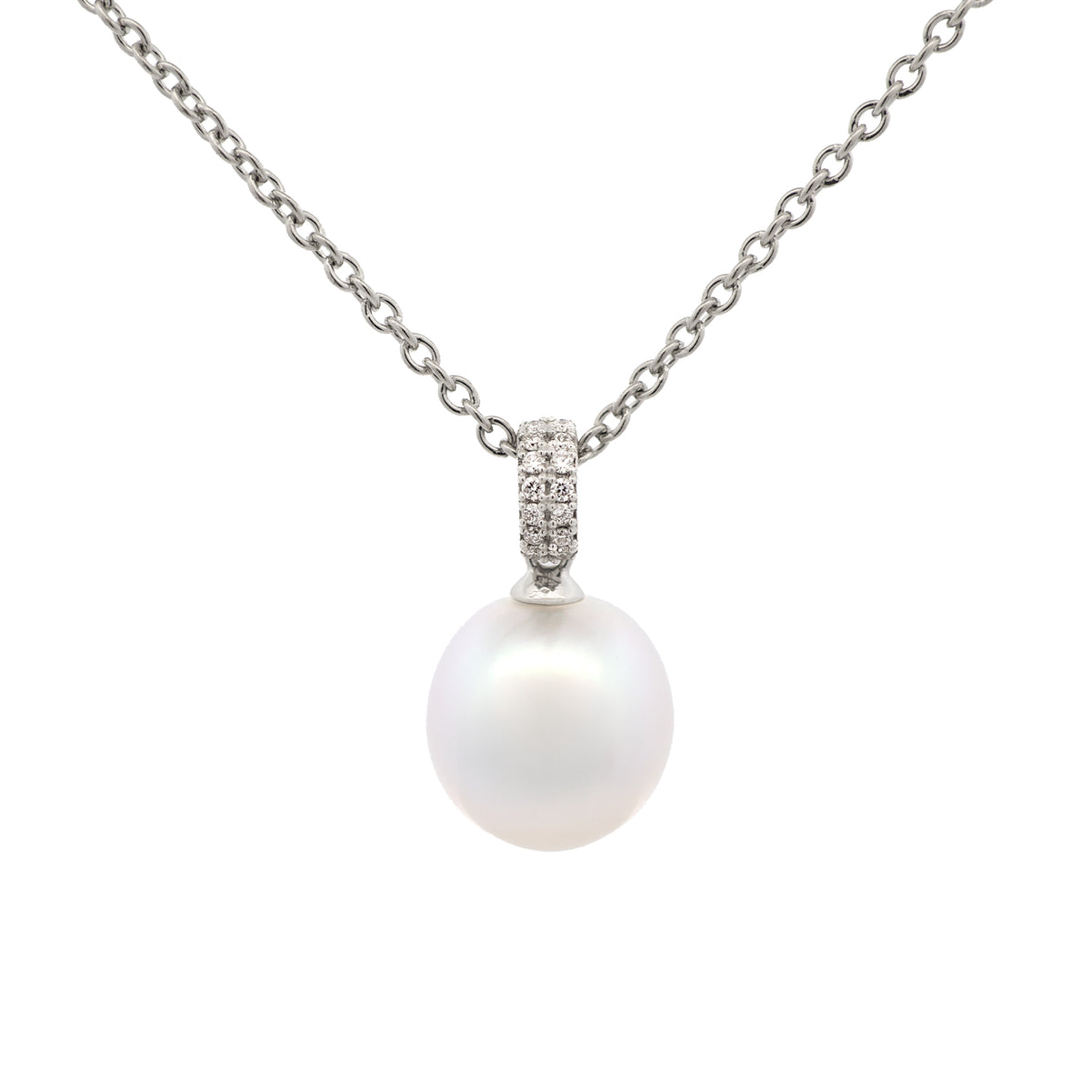 18K White Gold Australian South Sea 10-11 mm Cultured Pearl and Diamond Pendant front view