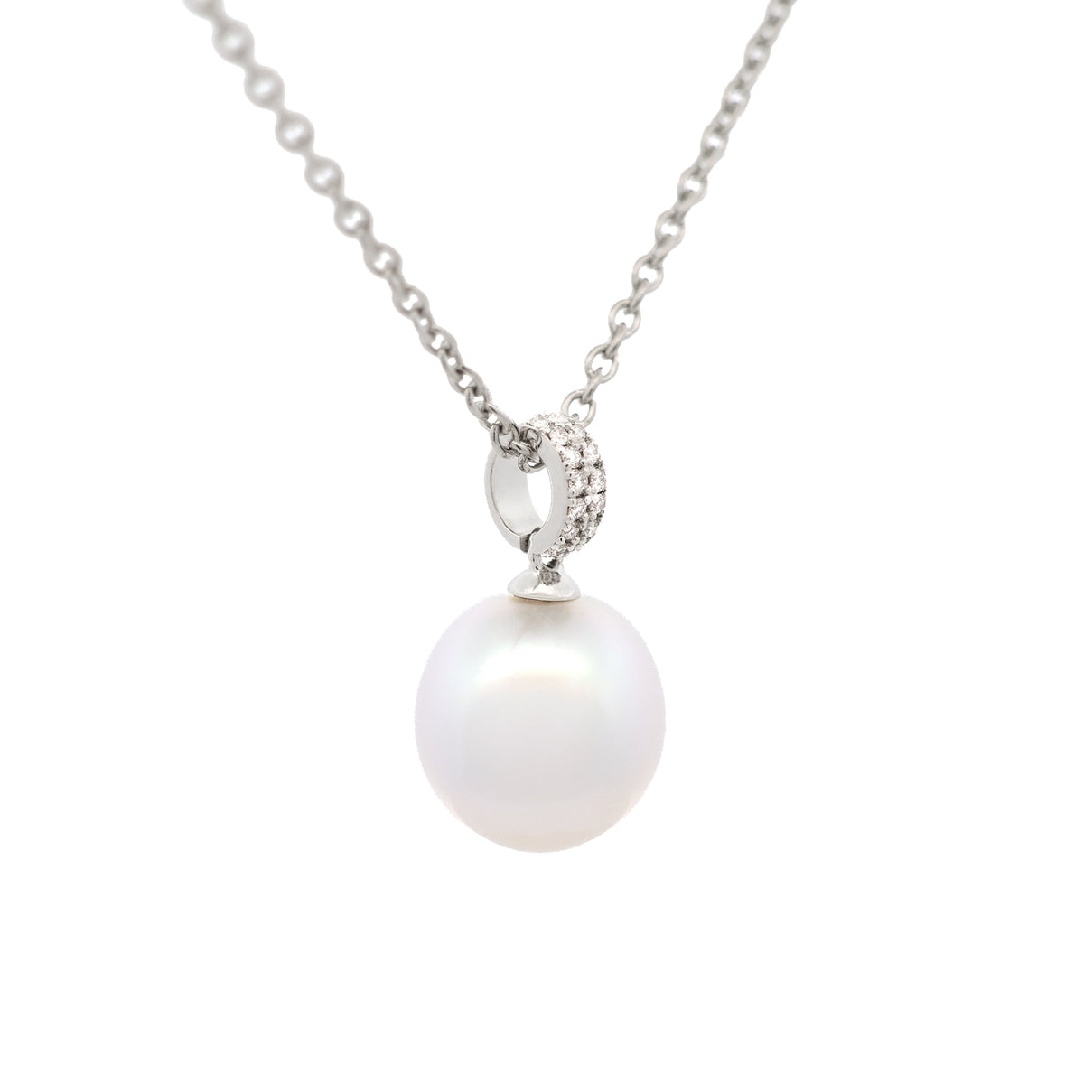 18K White Gold Australian South Sea 10-11 mm Cultured Pearl and Diamond Pendant side view