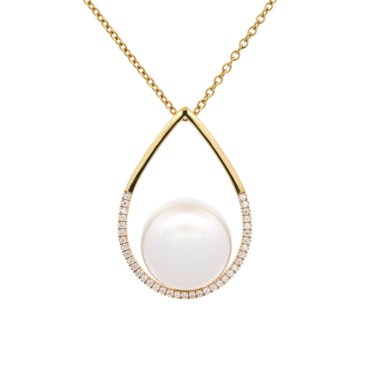 18K Yellow Gold Australian South Sea Cultured 14-15mm Pearl and Diamond Teardrop Pendant front view