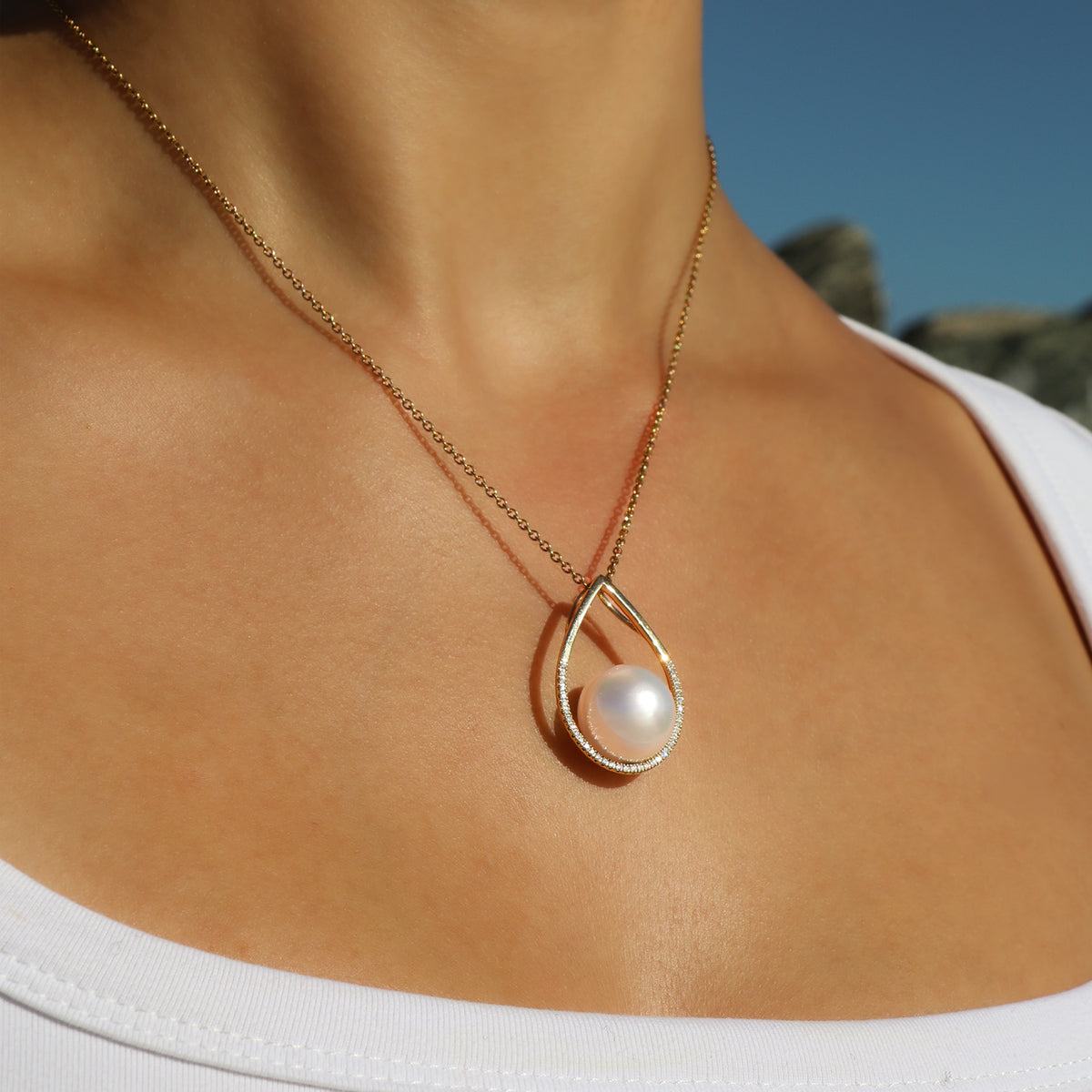 18K Yellow Gold Australian South Sea Cultured 14-15mm Pearl and Diamond Teardrop Pendant on Model