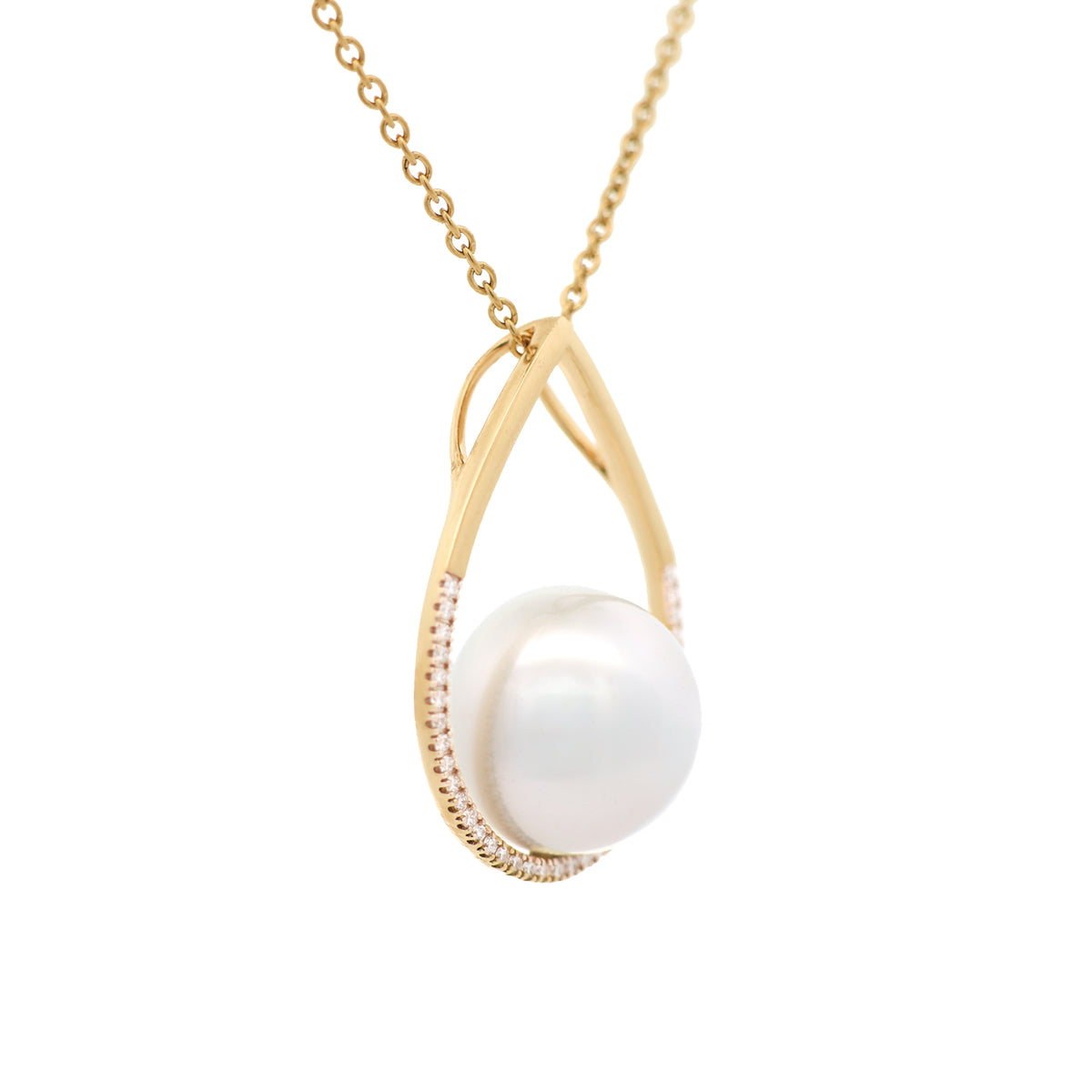 18K Yellow Gold Australian South Sea Cultured 14-15mm Pearl and Diamond Teardrop Pendant side view
