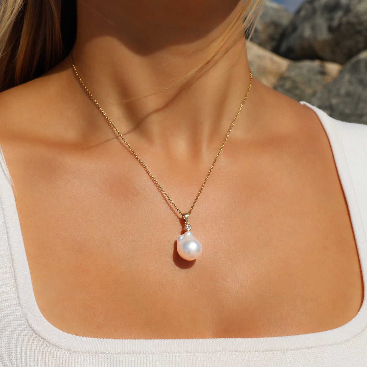 9K Yellow Gold Australian South Sea Cultured 14-15mm Pearl and Argyle Diamond Pendant lifestyle
