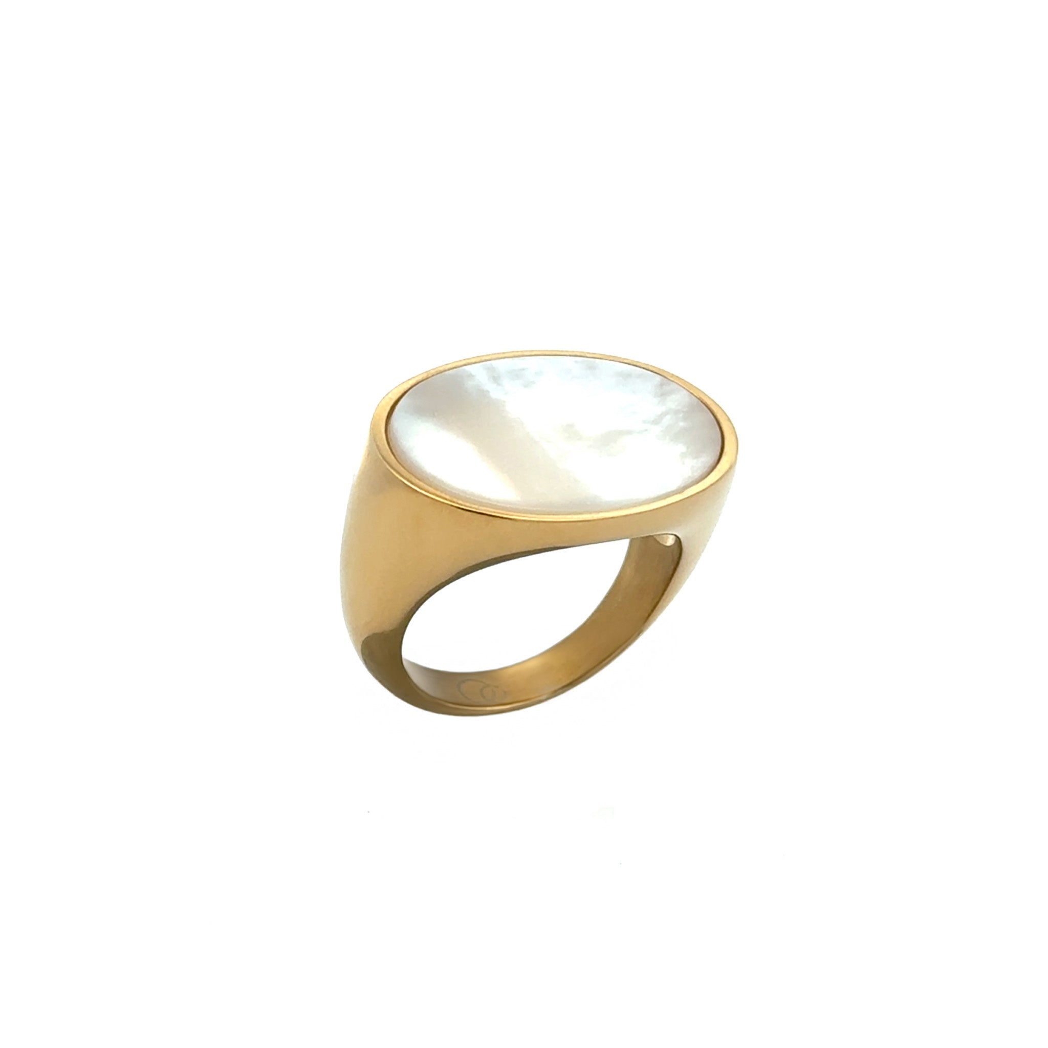 Gold Plated Stainless Steel White Mother Of Pearl Oval Ring side view