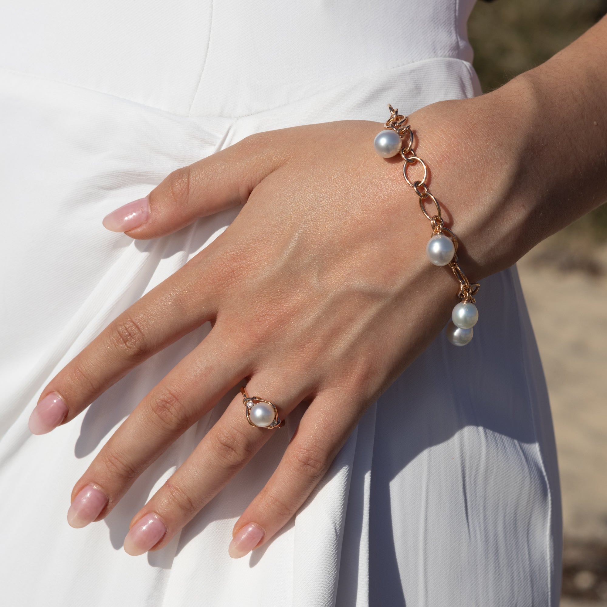 18K Yellow Gold Australian South Sea 8-9 mm Cultured Pearl and Diamond Ring on a model