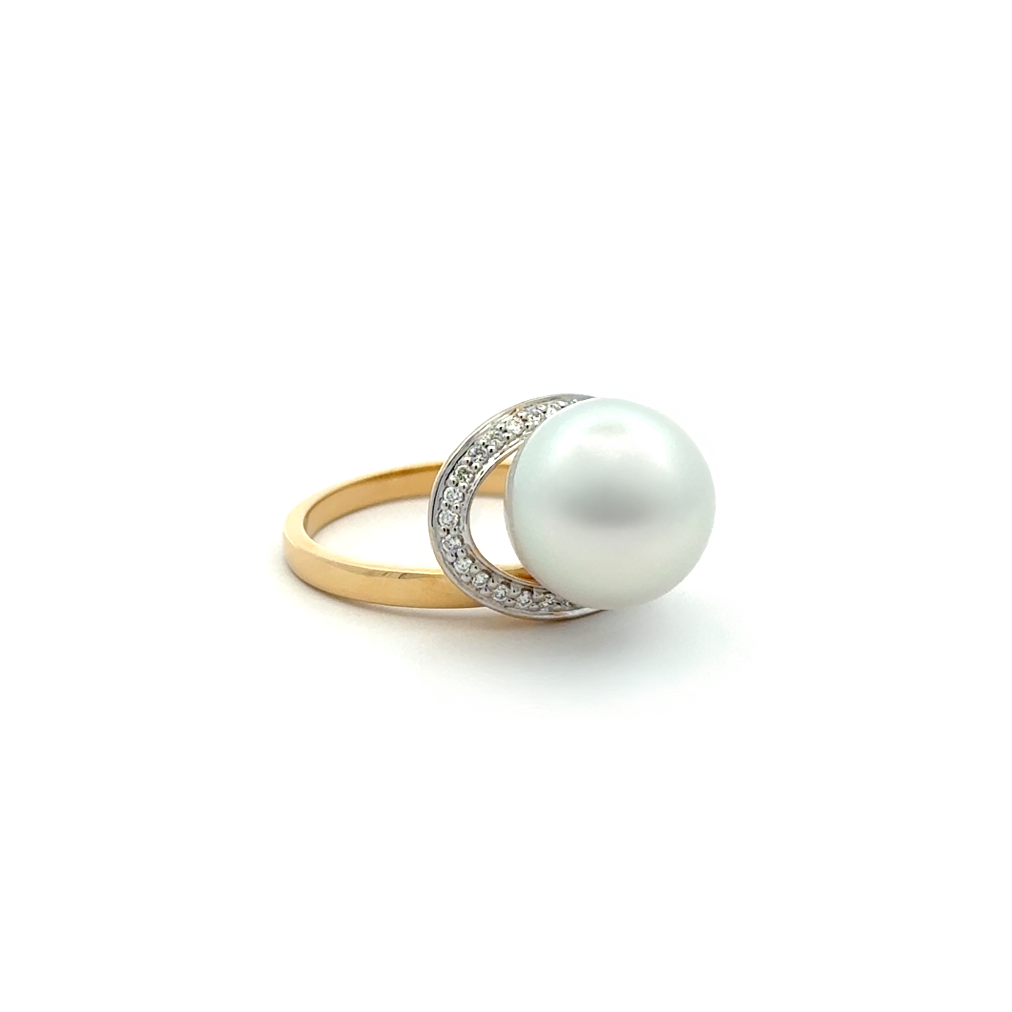 18K Yellow Gold Australian South Sea 11-12mm Cultured Pearl and Diamond Ring front view