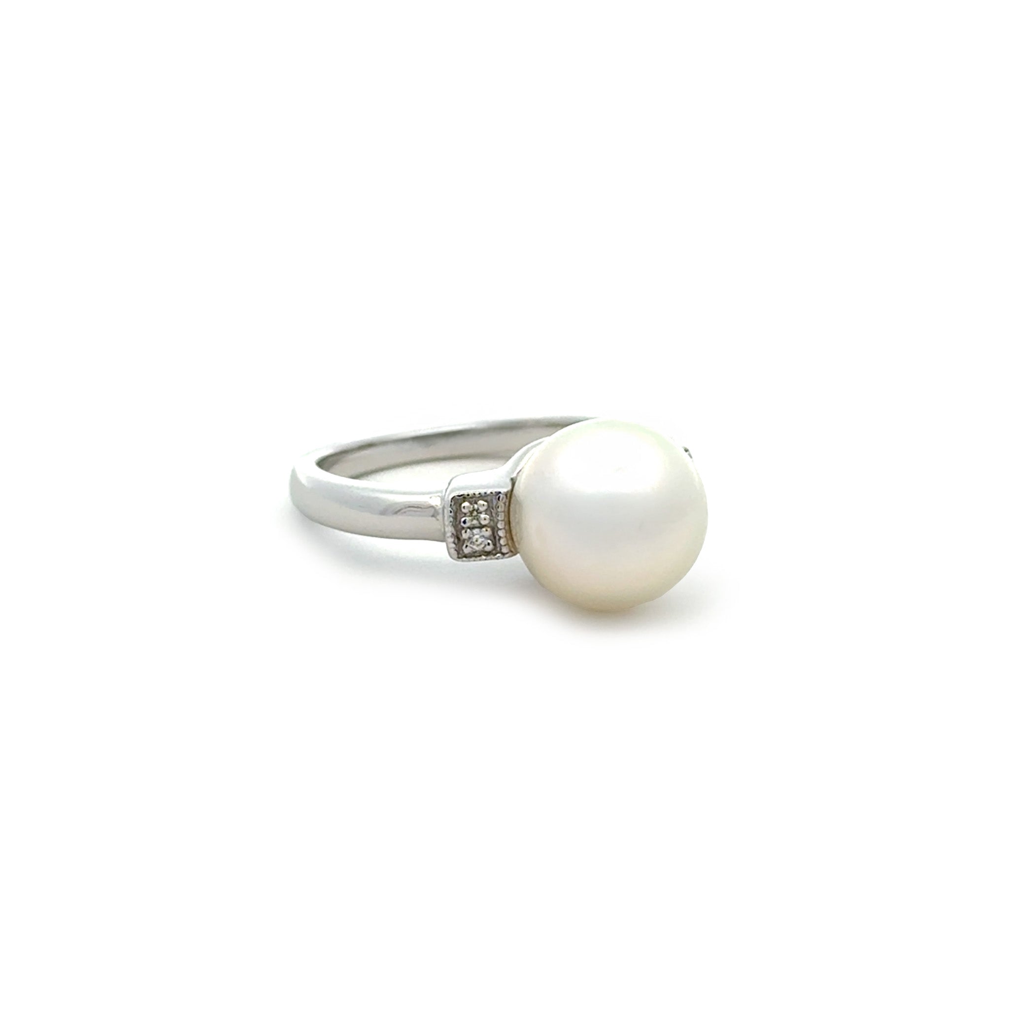 Sterling Silver Australian South Sea 10-11 mm Cultured Pearl and Diamond Ring side view on white background