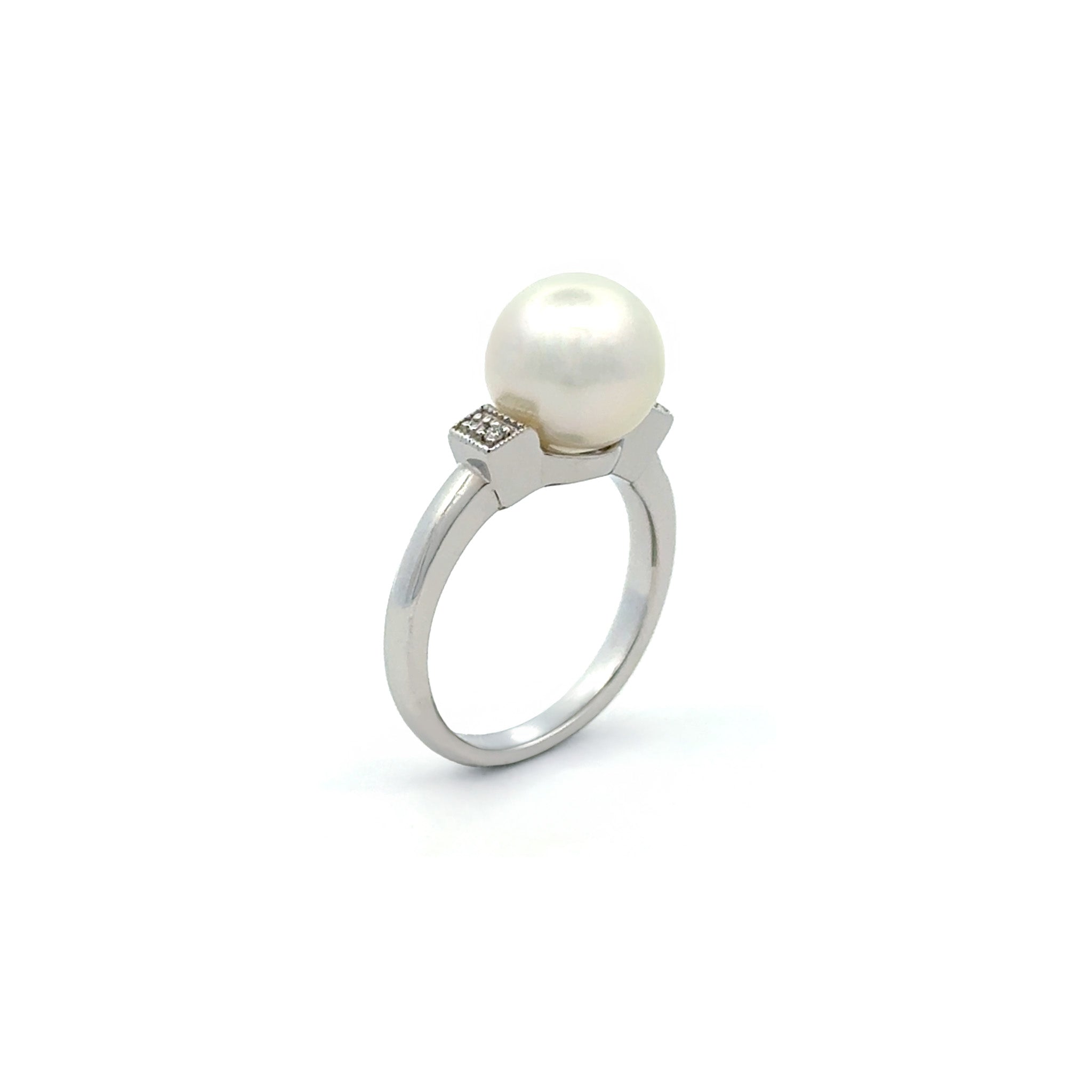 Sterling Silver Australian South Sea 10-11 mm Cultured Pearl and Diamond Ring upright on white background