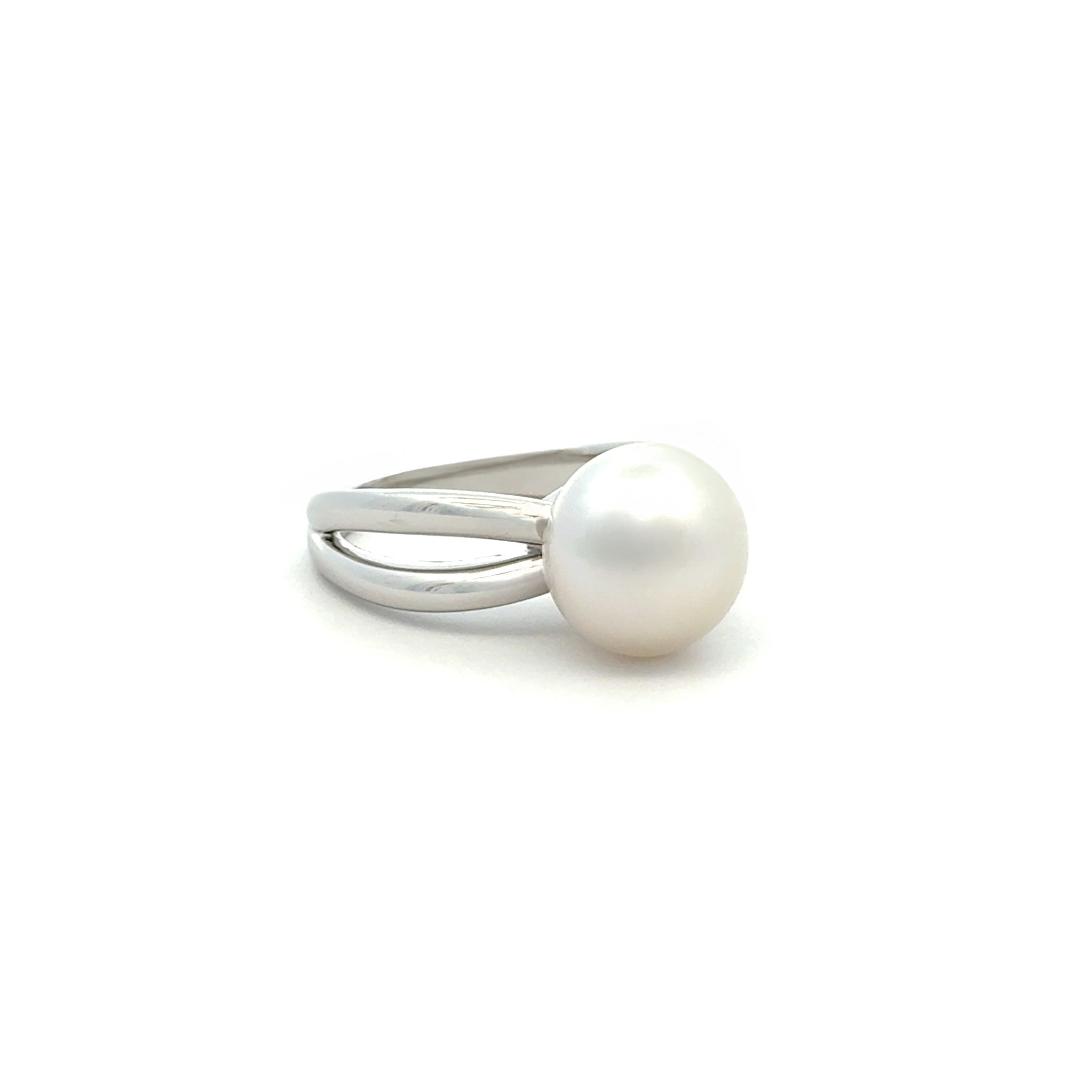 Sterling Silver Australian South Sea 10-11 mm Cultured Pearl and Diamond Ring side view on white background