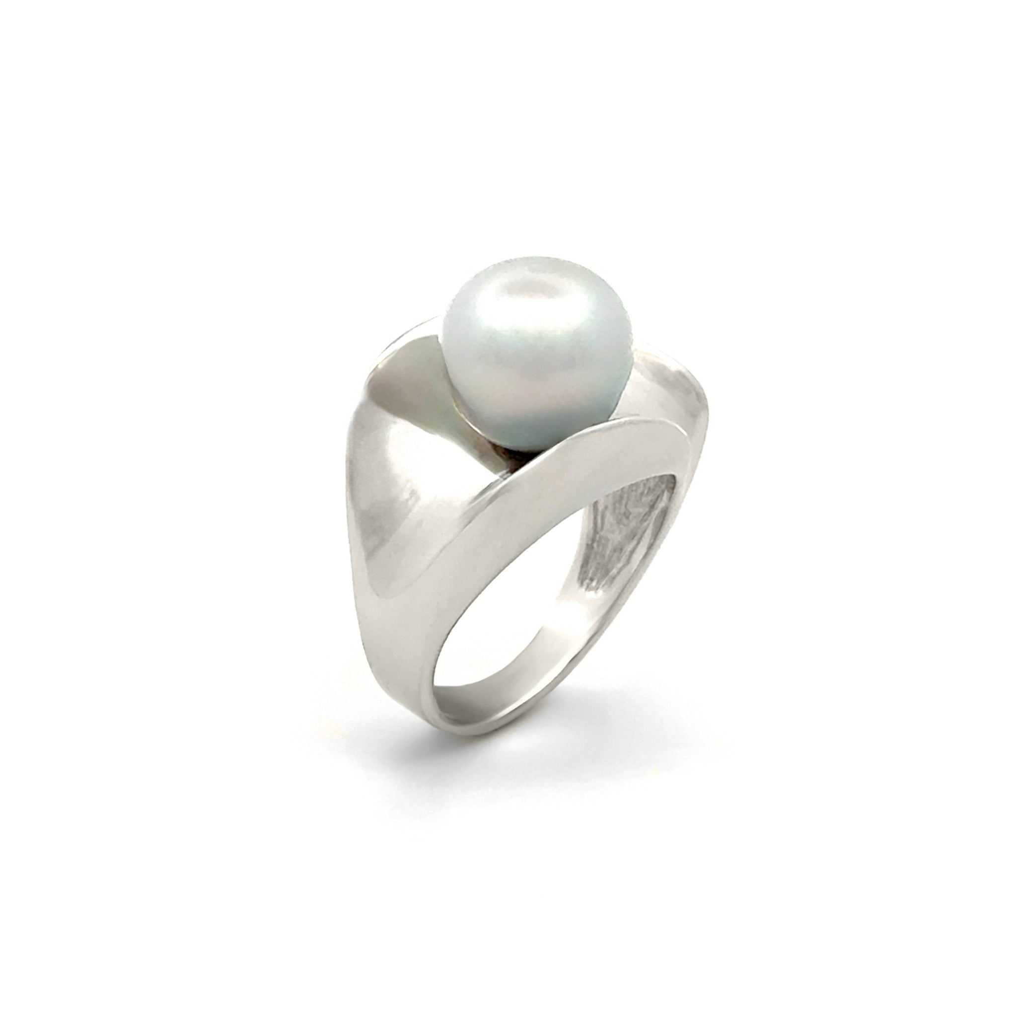 Sterling Silver Australian South Sea 11-12 mm Cultured Pearl Ring side upright view on white background