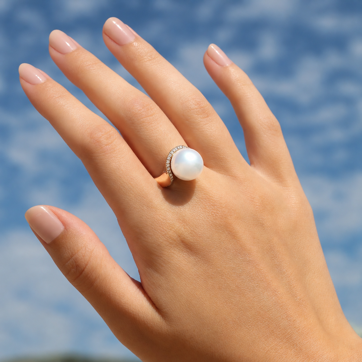 9K Yellow Gold Australian South Sea 11-12 mm Cultured Pearl and Argyle Diamond Ring on model