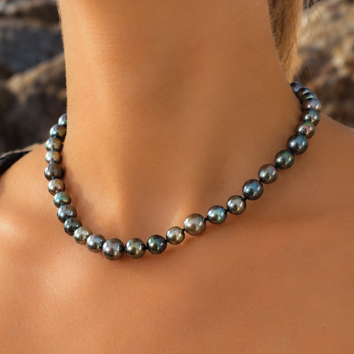 Tahitian Cultured Pearl 43.5 cm Strand on model