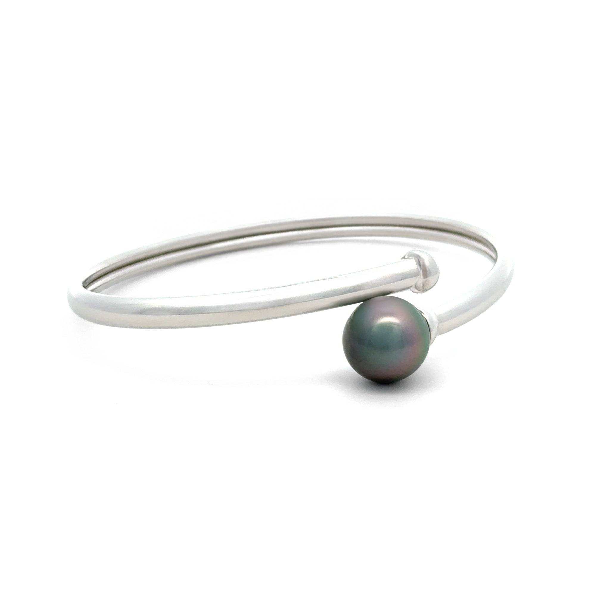 Sterling Silver Tahitian 10-11 mm Cultured Pearl Bangle side view on white background