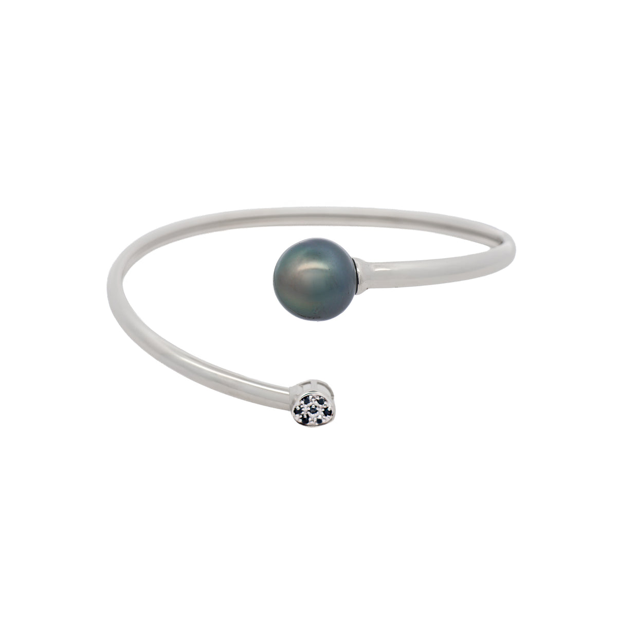 Sterling Silver Tahitian 12-13 mm Cultured Pearl and Black Diamond Bangle front view
