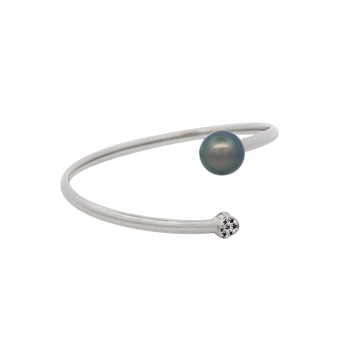 Sterling Silver Tahitian 12-13 mm Cultured Pearl and Black Diamond Bangle side view