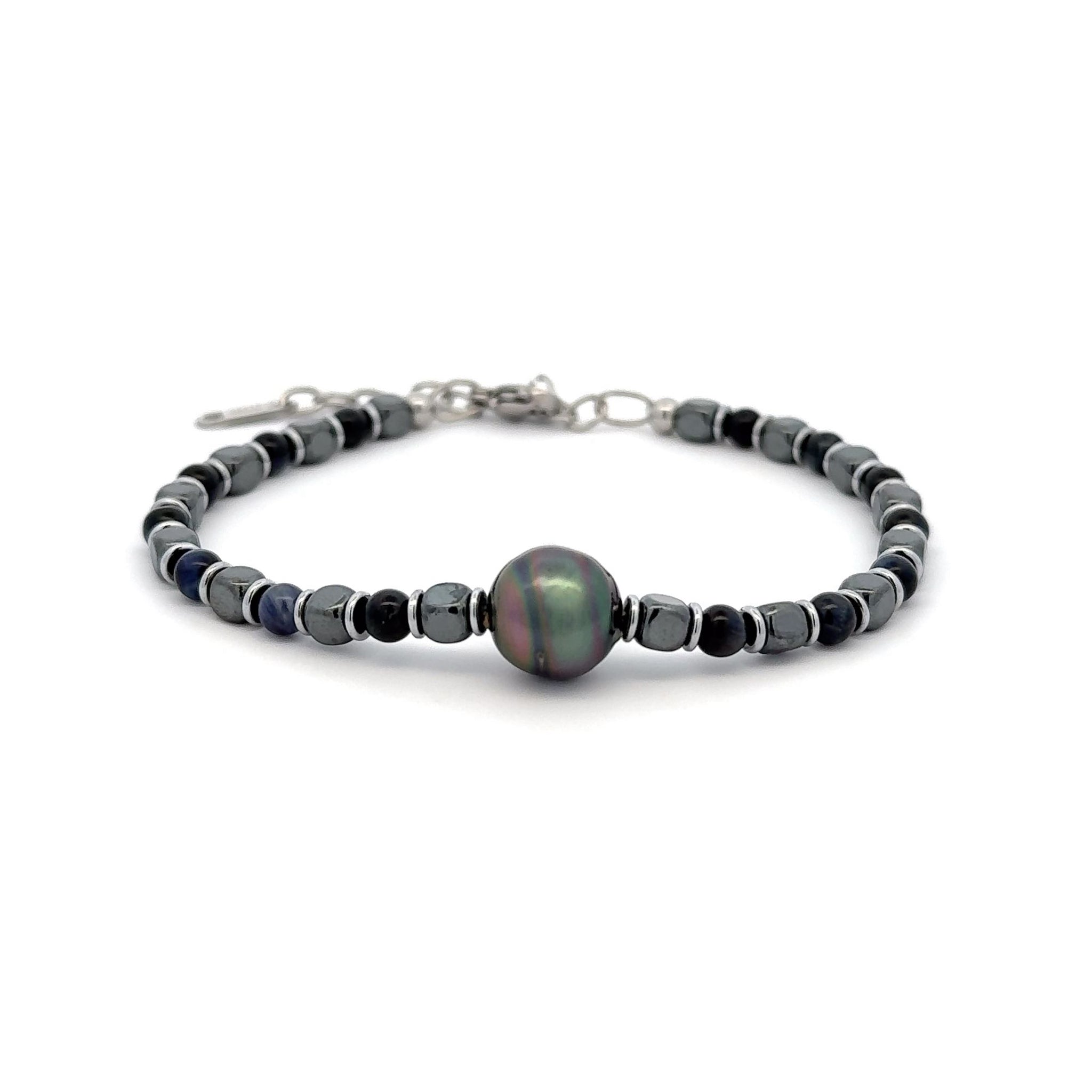 Tahitian Pearl and Silver/Black/Grey Hematite Natural Stone Variable Length Bracelet