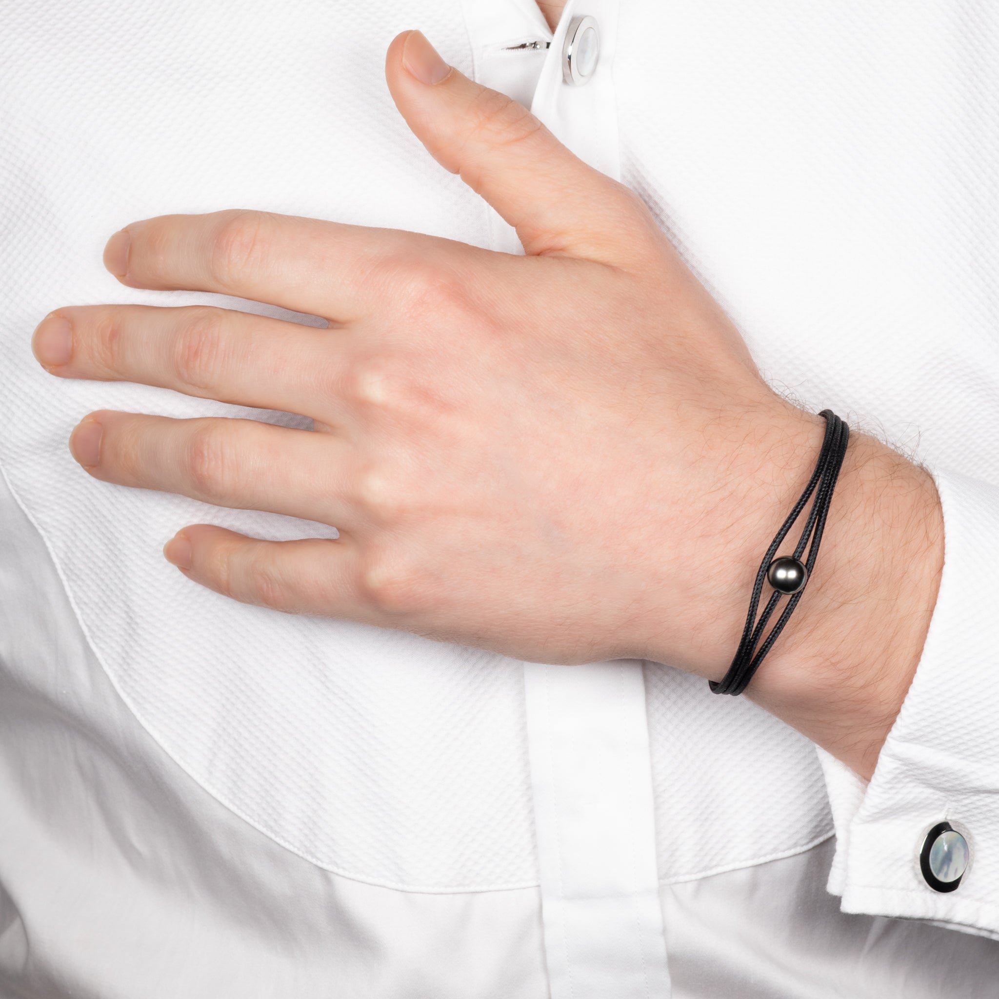 Stainless Steel Tahitian 9-10 mm Cultured Pearl Magnetic Black Wrap Bracelet on a model