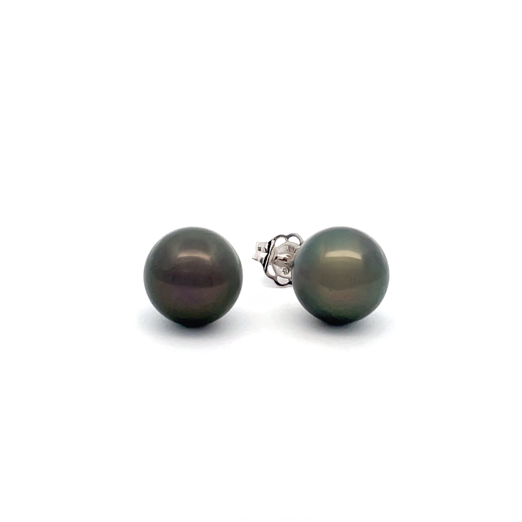 18K White Gold Tahitian Cultured 10-11 mm Pearl Stud Earrings front view