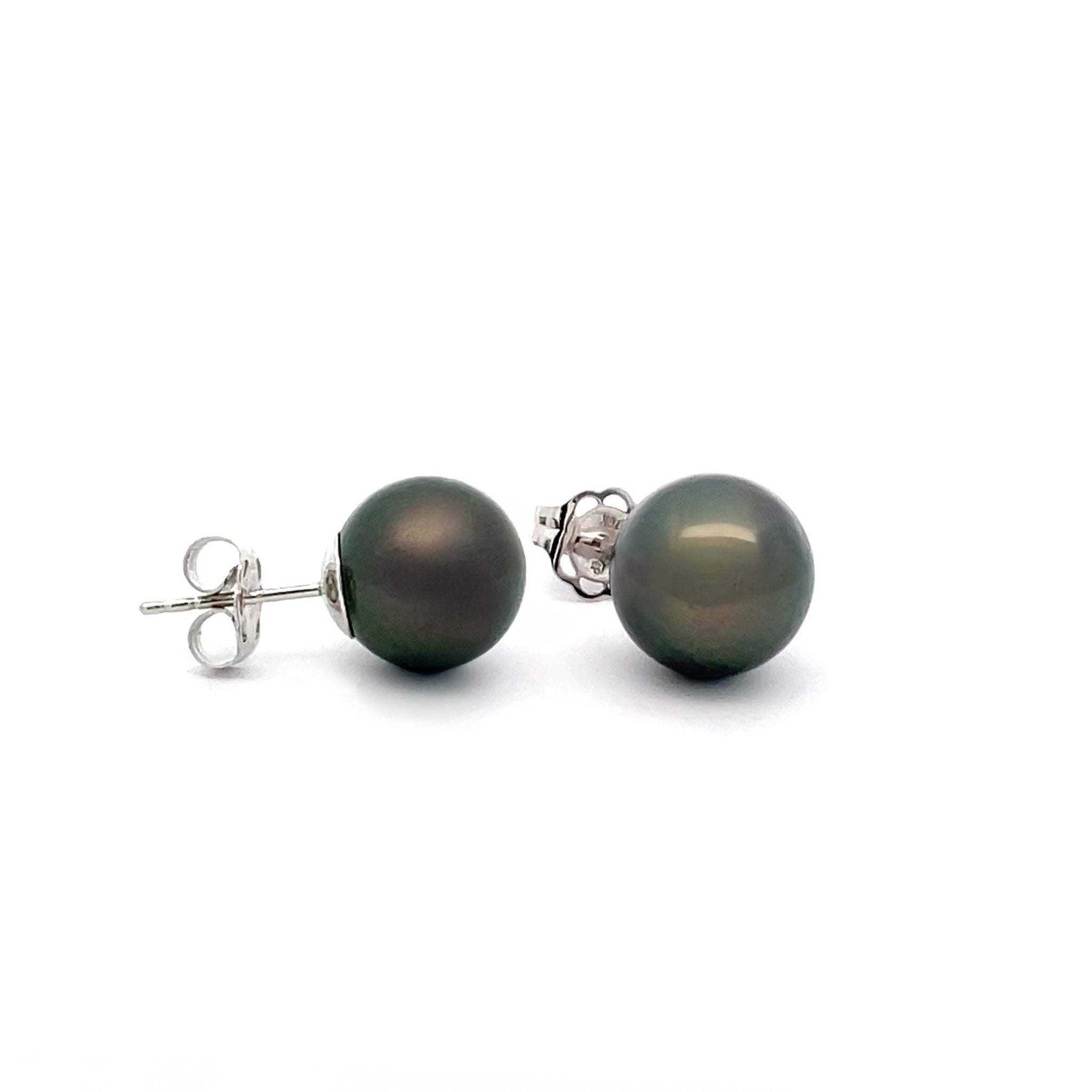 18K White Gold Tahitian Cultured 10-11 mm Pearl Stud Earrings side view