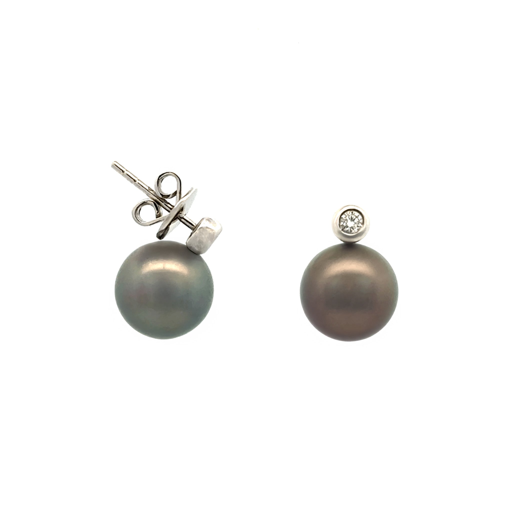 9K White Gold Tahitian 9-10 mm Cultured Pearl and Diamond Stud Earrings side view on white background