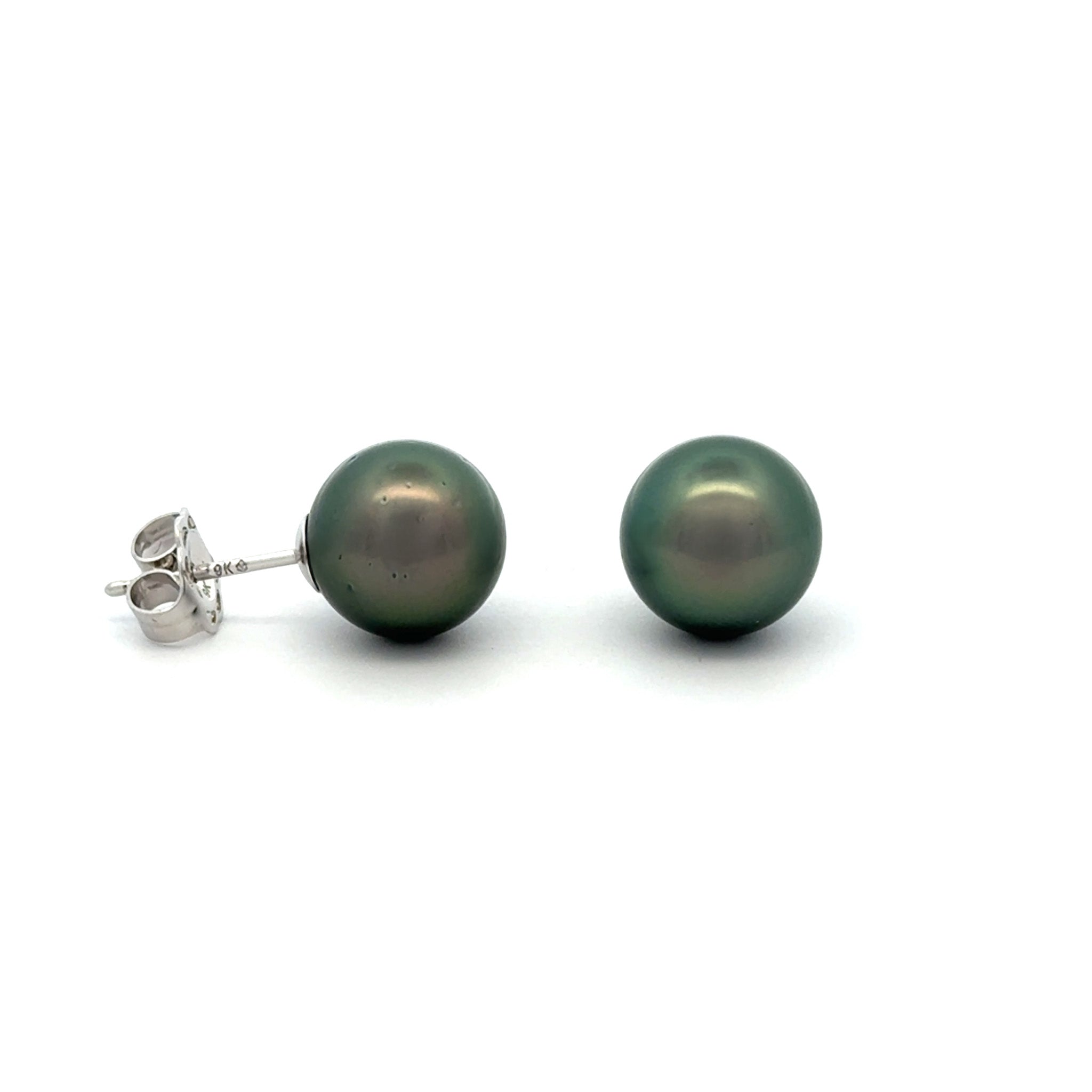 9K White Gold Tahitian 9-10 mm Cultured Pearl Stud Earrings side view on white background
