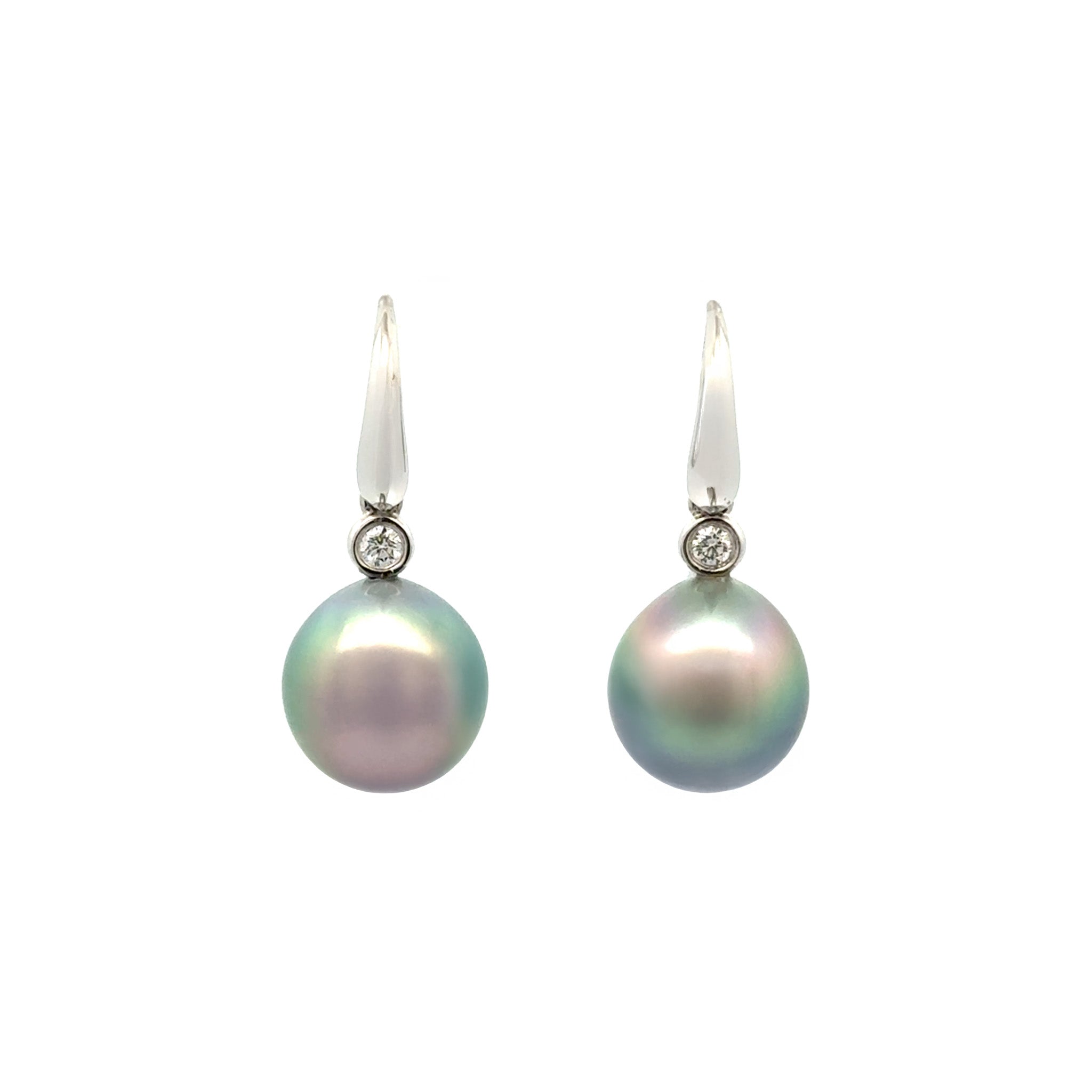 18K White Gold Tahitian 10-11 mm Cultured Pearl and Diamond Hook Earrings